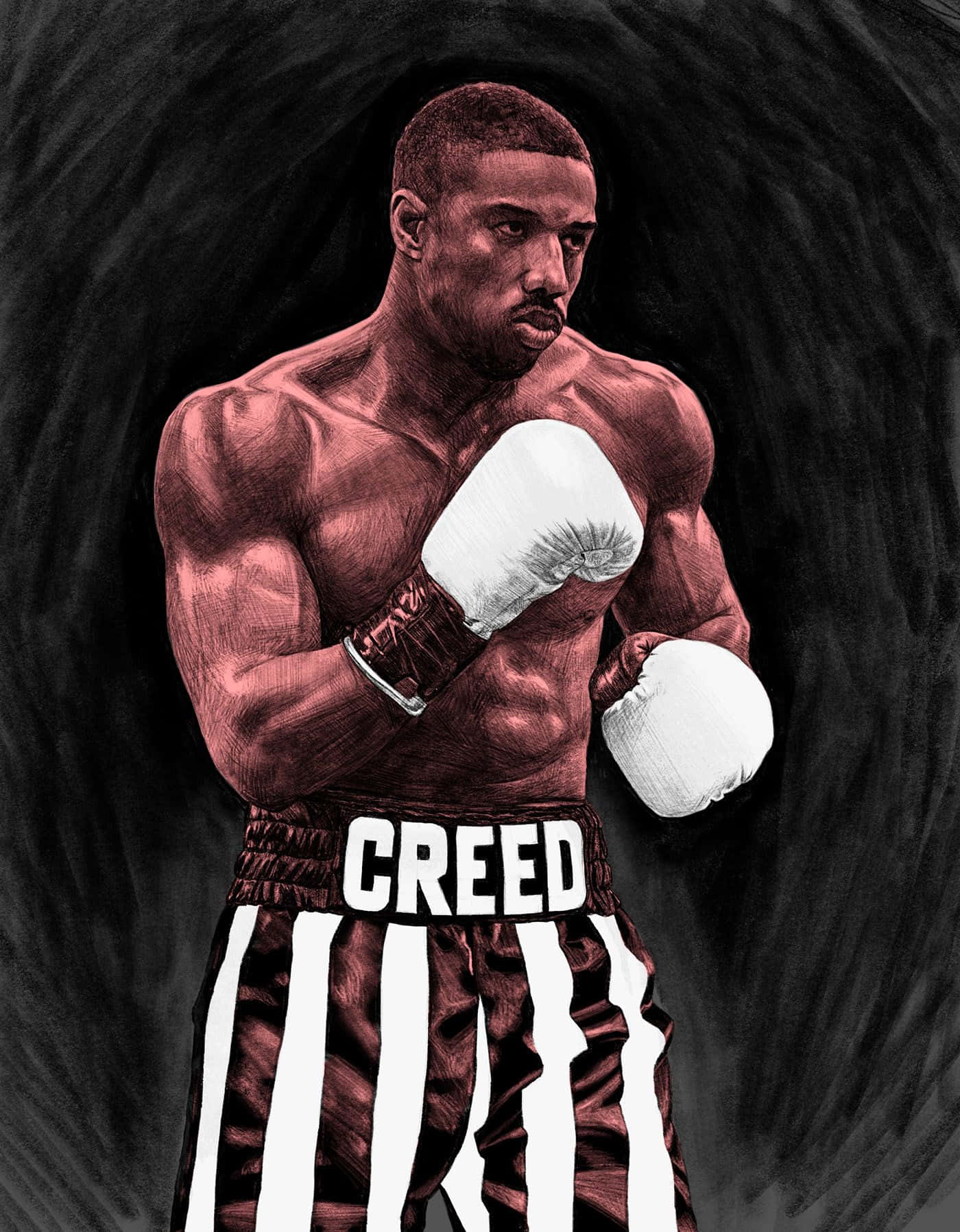  壁紙 — 一位肌肉發達的拳擊手穿著紅白條紋短褲，褲頭有「CREED」字樣，在黑暗旋轉的背景前擺出戰鬥姿勢。