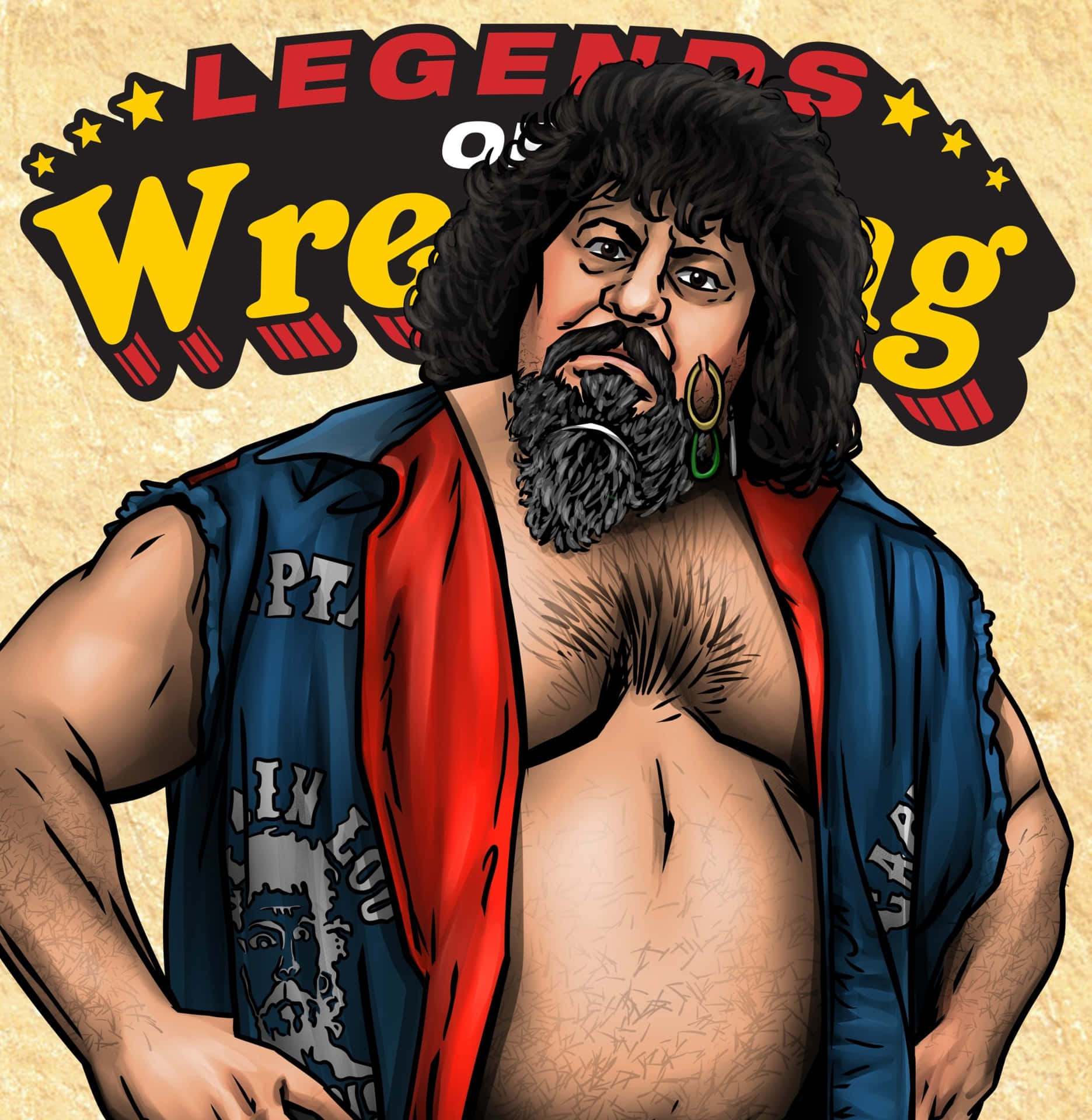  壁紙 — 一位肌肉發達、留鬍鬚和捲髮的摔角手在「Legends of Wrestling」橫幅下自信地擺姿勢。