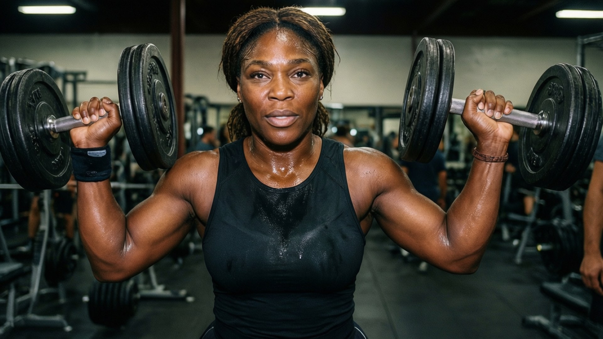 Gym Warrior 壁紙 — 一位堅定的女士在健身房舉起沉重的啞鈴，汗水在皮膚上閃閃發光，表情專注。
