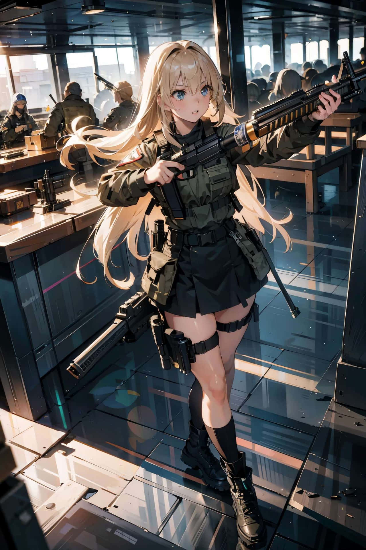  壁紙 — 一位金髮動漫女孩穿著軍事裝備，在陽光明媚的訓練設施中手持步槍，背景有其他士兵。