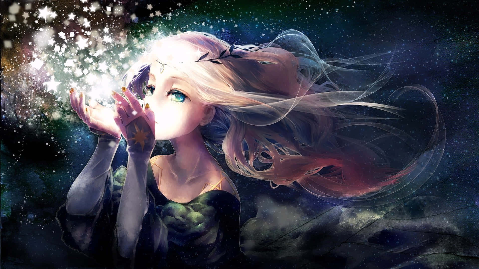  壁紙 — 一位金髮動漫女孩，雙眼發光，在宇宙夜空下從合攏的雙手中釋放出閃爍的星星。