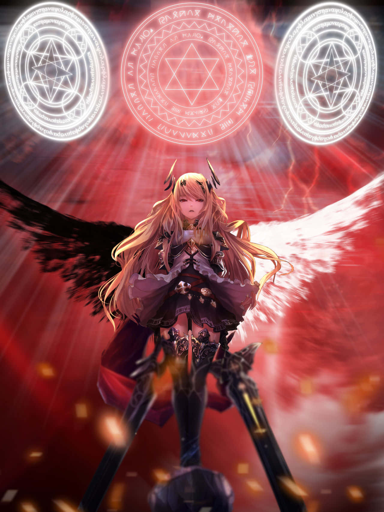  壁紙 — 一位金髮動漫女孩，擁有黑白翅膀，站在發光的紅色魔法陣前，構成戲劇性的奇幻場景。