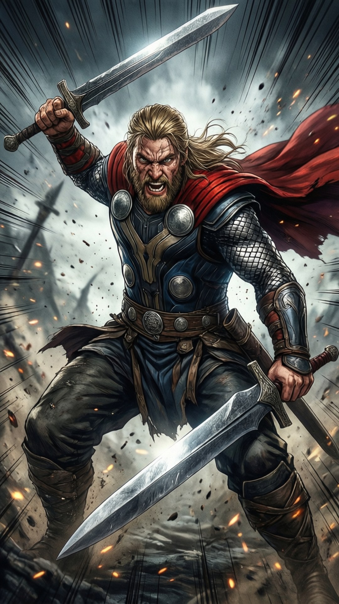 Vinland Saga iPhone 桌布 壁紙 — 一位金髮紅披風的兇猛戰士，在飛濺的火花和動態動作線中揮舞著兩把劍。