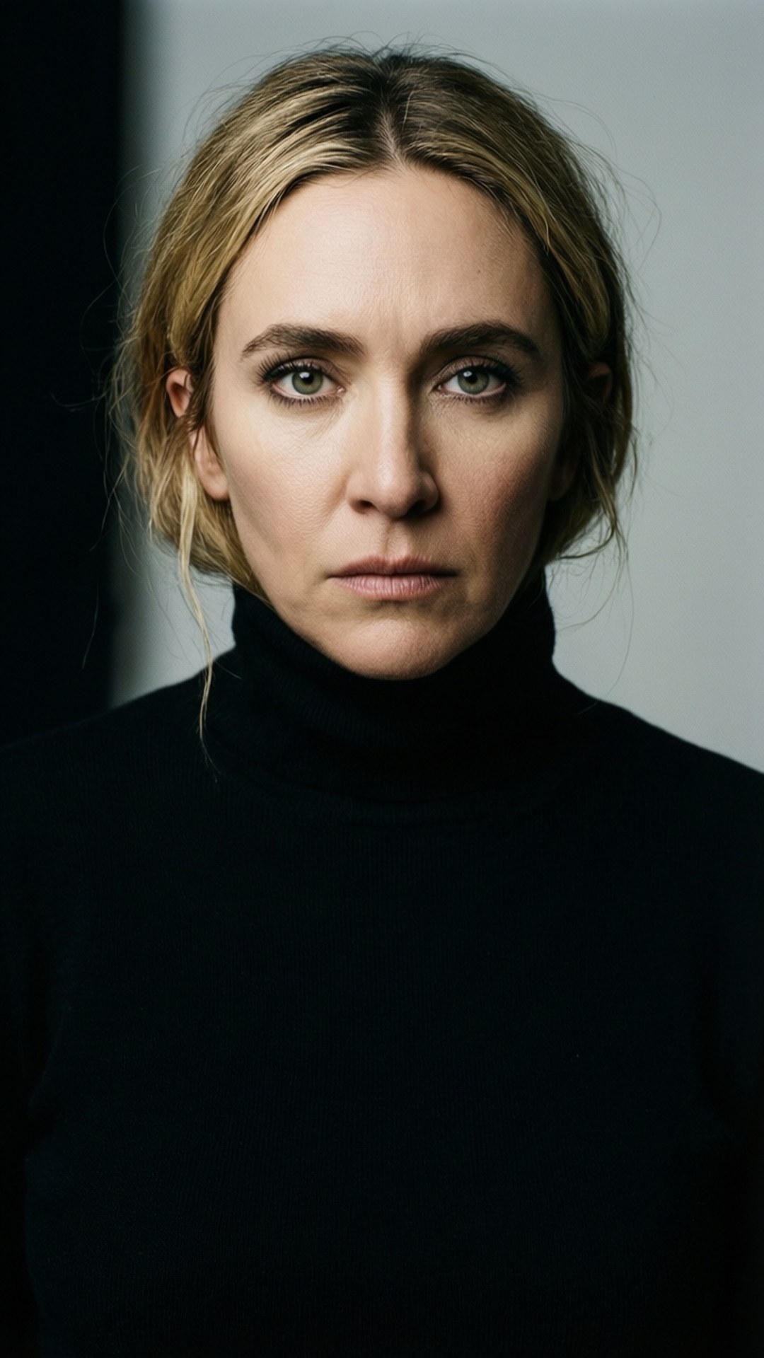 Minimalist Portrait 壁紙 — 一位金髮綠眼的女性，穿著黑色高領毛衣，在灰色和黑色背景下，專注地凝視著鏡頭。