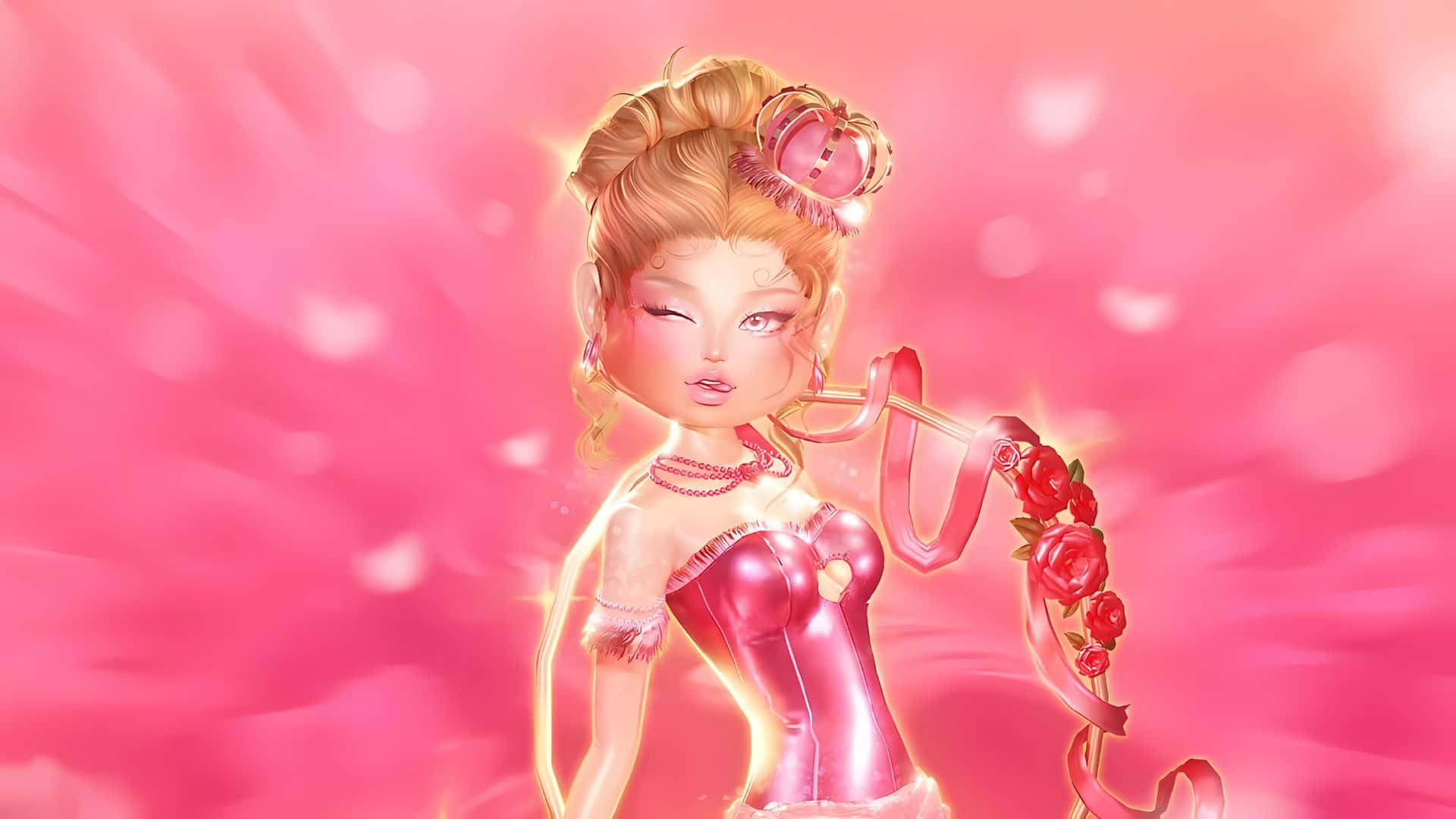  壁紙 — 一位金髮、身穿粉紅色緊身胸衣的耀眼動漫女孩，在發光的粉紅色背景前手持玫瑰裝飾的魔杖。