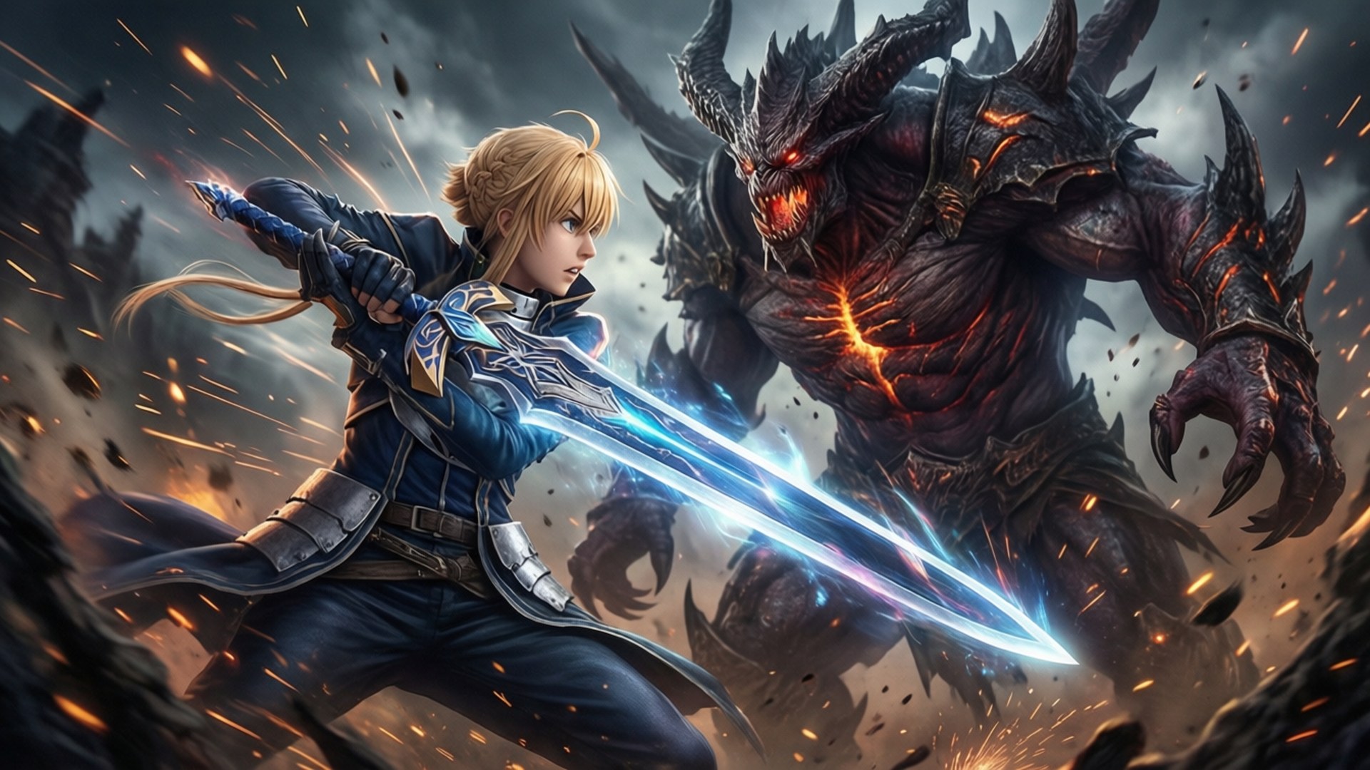Boss Battle 壁紙 — 一位金髮戰士身穿藍色盔甲，用發光的劍斬向一個高聳的火焰惡魔，惡魔有發光的紅色眼睛。