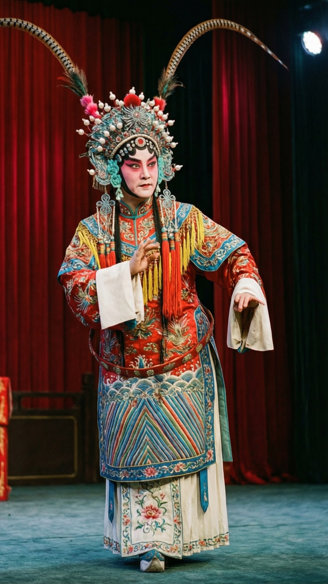 北京 桌布 壁紙 — 一位京劇表演者身穿華麗戲服和頭飾，在紅色帷幕的舞台上擺出戲劇性的姿勢。