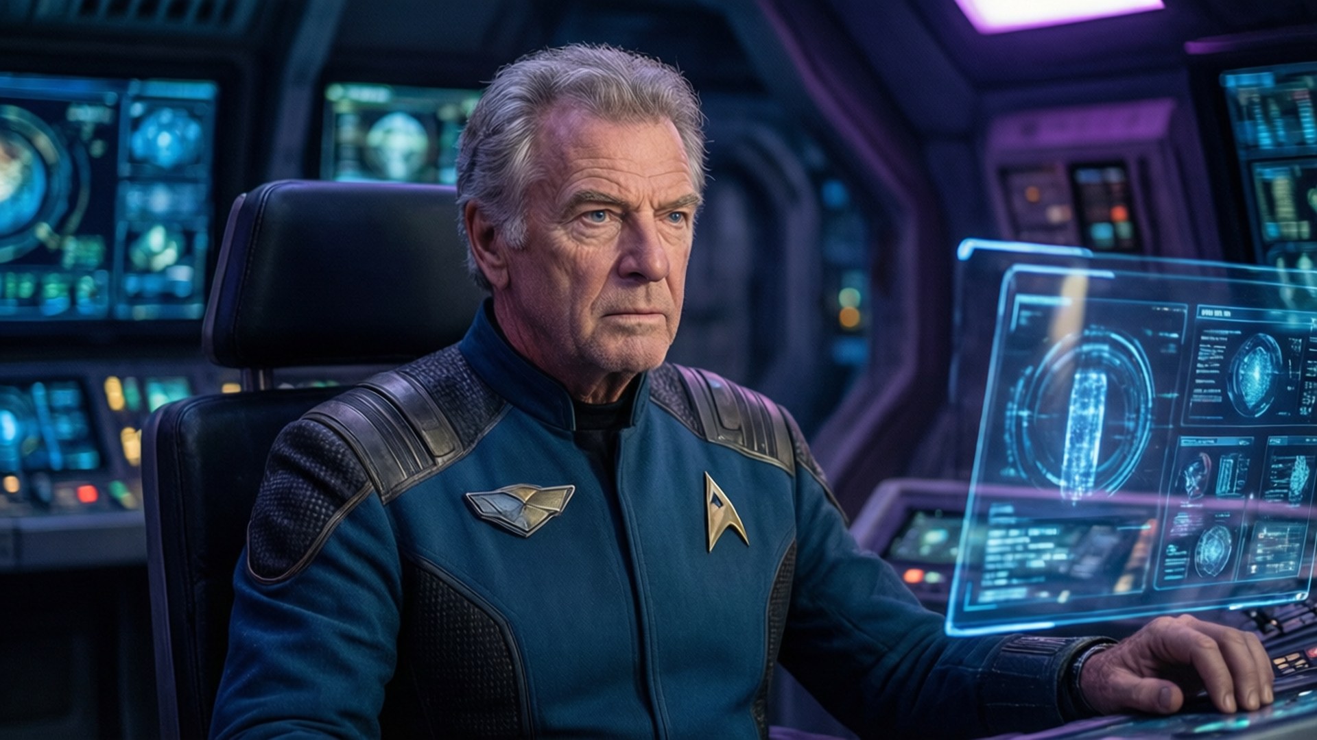 Donald Sutherland 桌布 壁紙 — 一位經驗豐富的船長穿著藍色制服，坐在星艦艦橋上發光的未來感控制台前，周圍是全息顯示屏。