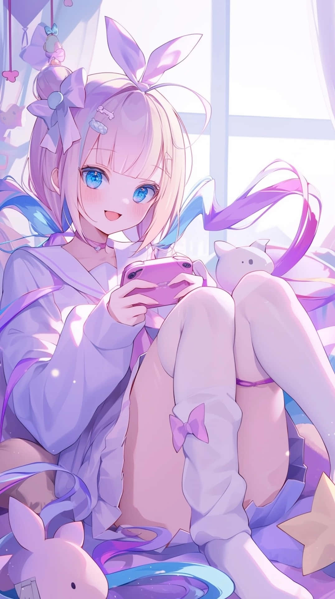 Needy Streamer Overload 桌布 壁紙 — 一位開朗的動漫女孩，粉紅色頭髮和兔耳朵，在充滿陽光的房間裡微笑著拿著手機，房間裡佈滿了絨毛玩具。