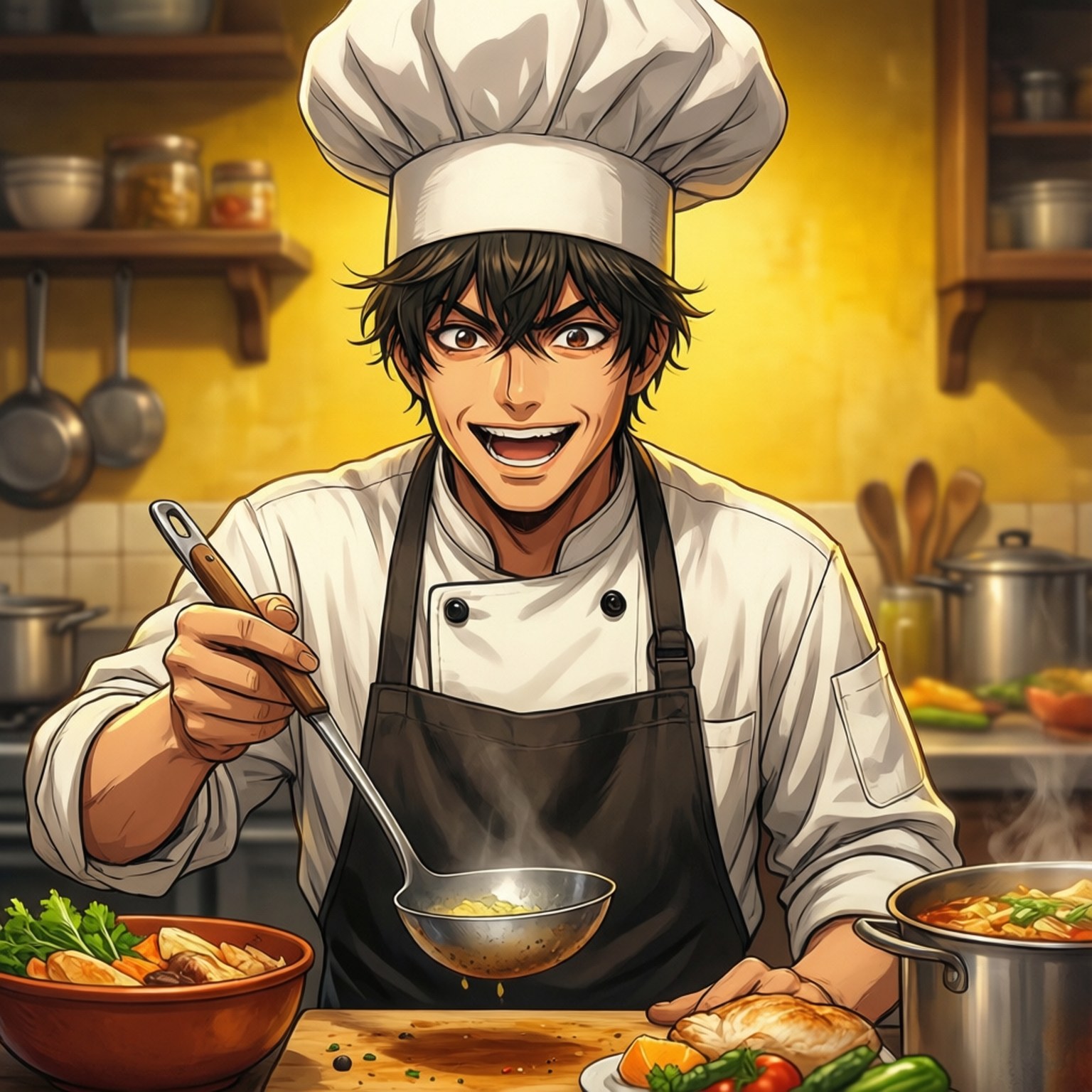 Happy Chef 壁紙 — 一位開心的動畫廚師，戴著白色廚師帽和圍裙，在一個充滿鍋子和新鮮蔬菜的廚房裡攪拌冒煙的湯。