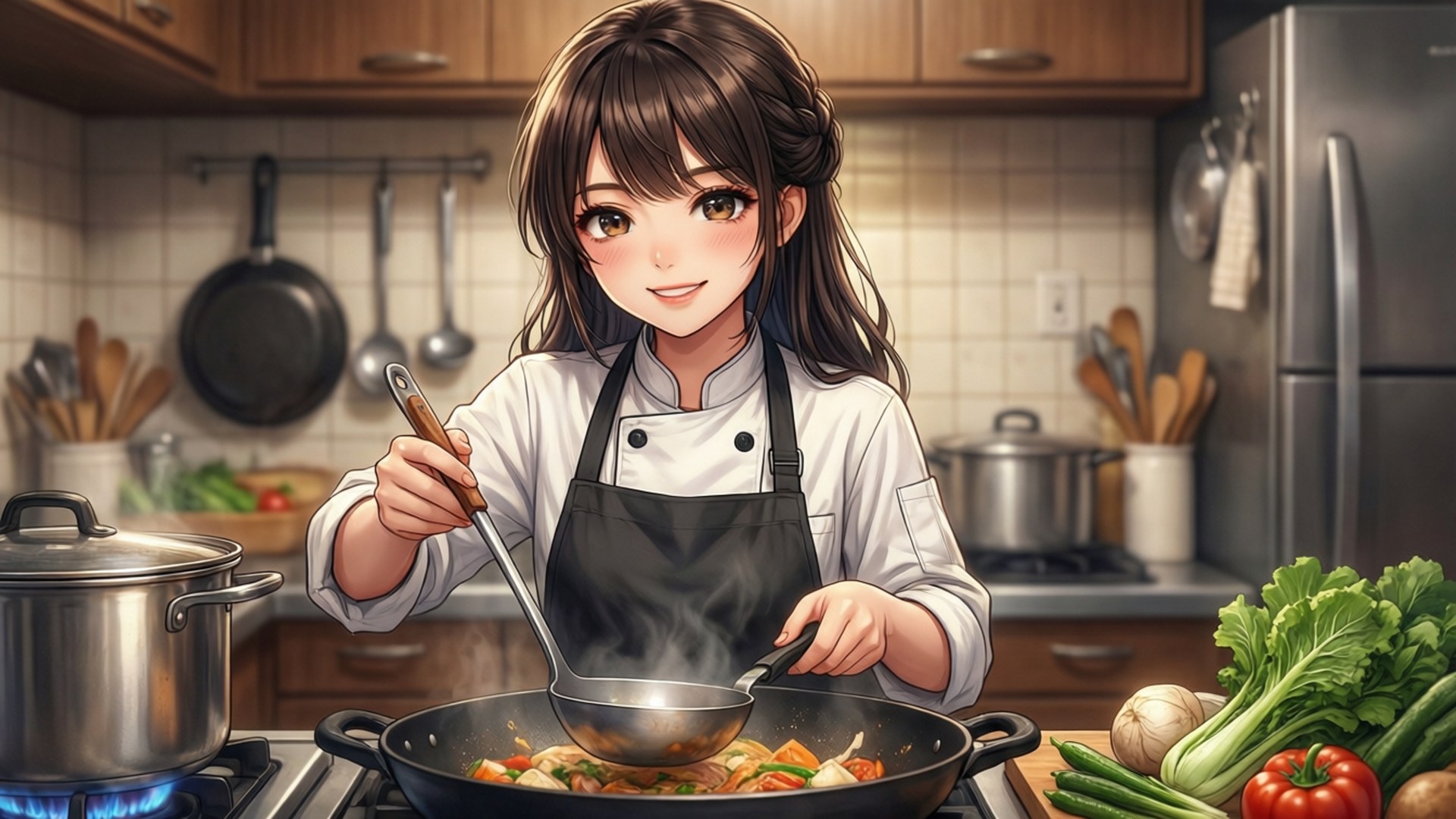 Miku the Chef 壁紙 — 一位開心的動畫廚師在現代廚房裡，在瓦斯爐上攪拌著冒煙的炒鍋，廚房裡擺滿了新鮮蔬菜。