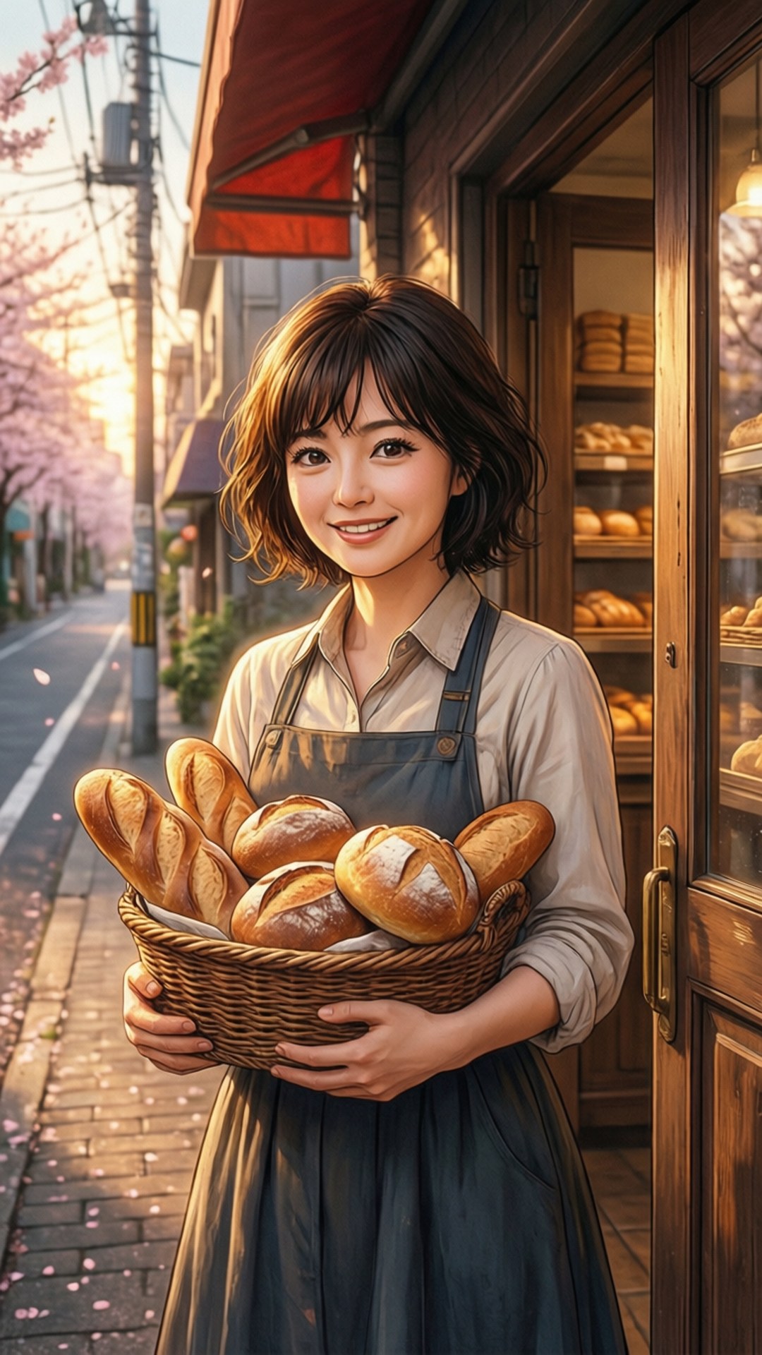 Sanae Furukawa 桌布 壁紙 — 一位開心的麵包師傅在木造麵包店外面提著一籃新鮮麵包，櫻花在溫暖的金色陽光下飄落。