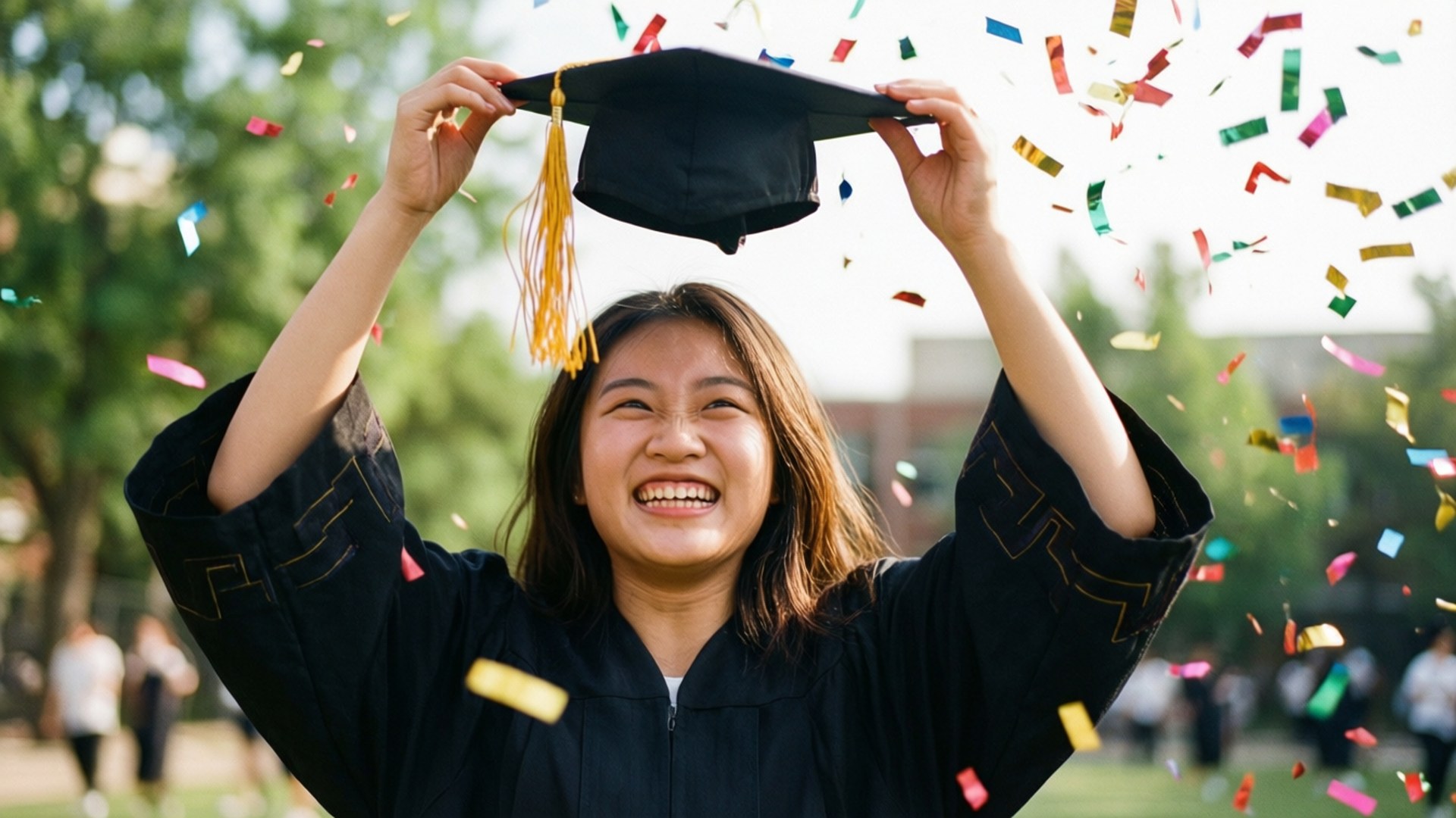 Study Success 壁紙 — 一位快樂的畢業生穿著黑色畢業袍和帽子，將畢業帽拋向空中，五彩紙屑在她周圍飄落。