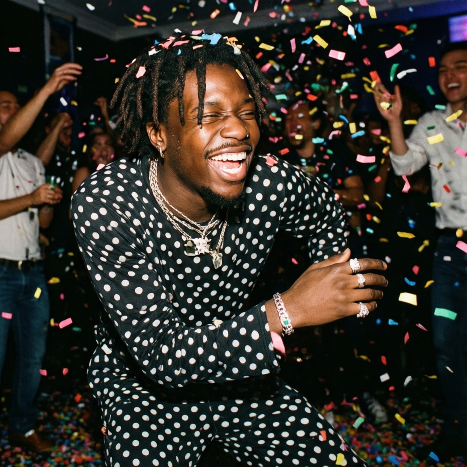 Polka Dot Party 壁紙 — 一位快樂的辮子男人在熱鬧的派對中，在飄落的彩虹五彩紙屑中大笑。