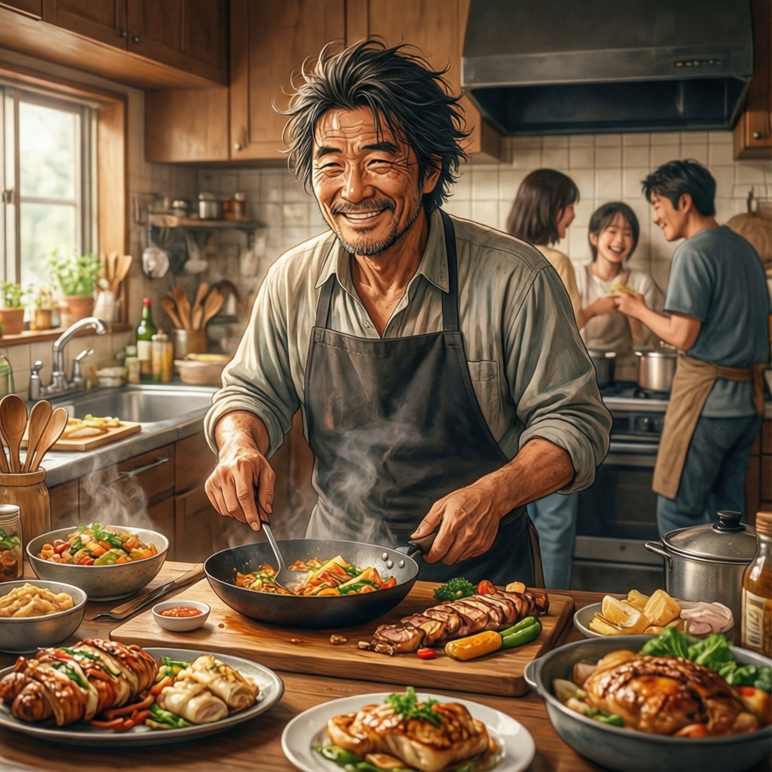 特別的 桌布 壁紙 — 一位快樂的廚師在溫暖的廚房裡攪拌著冒煙的炒鍋，周圍是家人和色彩繽紛的菜餚。