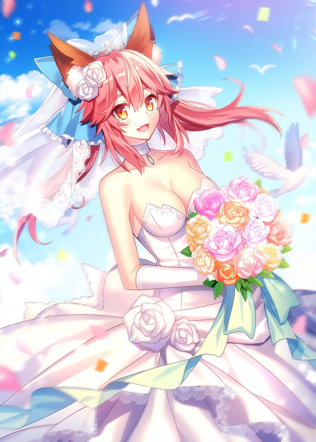  壁紙 — 一位快樂的動漫新娘，長著狐狸耳朵，在滿是鳥兒和五彩紙屑的天空下捧著一束玫瑰。