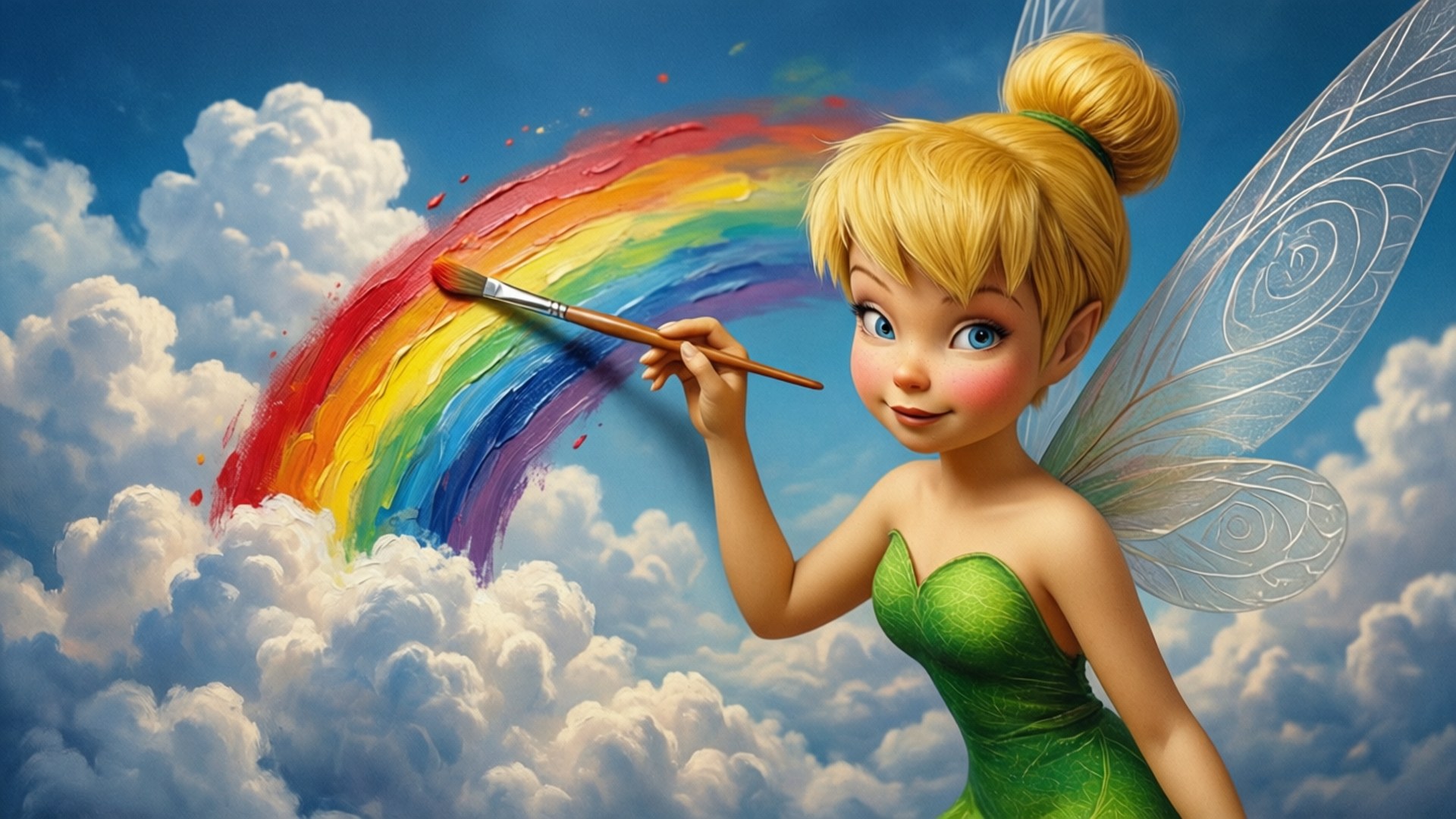Painting a Cloud Rainbow 壁紙 — 一位快樂的金髮仙女，穿著綠色連衣裙，在藍天下用畫筆在蓬鬆的白雲上畫出鮮豔的彩虹。