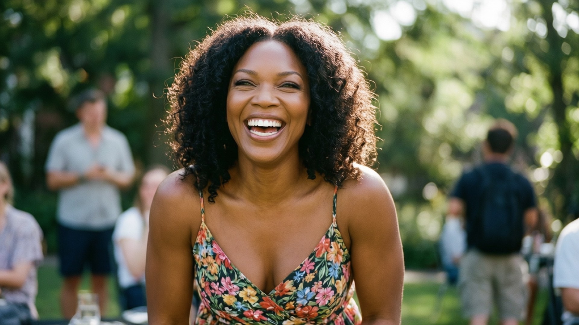 gabrielle union 桌布 壁紙 — 一位快樂的捲髮女士在陽光明媚的花園中，被模糊的賓客包圍，開懷大笑。