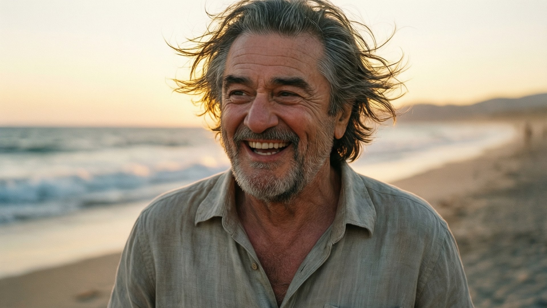 Carefree Beach Laugh 壁紙 — 一位快樂的老年男士，灰白頭髮被風吹亂，在陽光明媚的海灘上開懷大笑，身後海浪拍打。