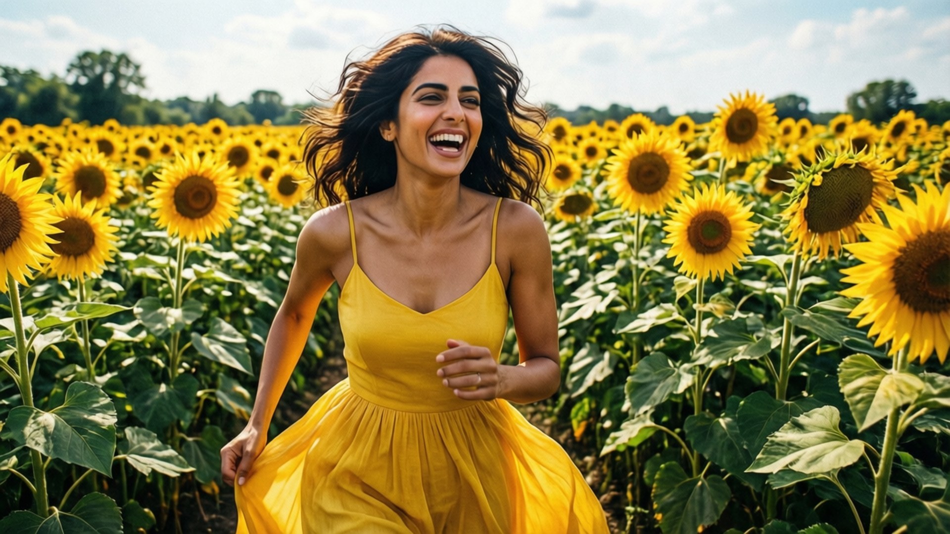 Sunflower Field Joy 壁紙 — 一位快樂的女人穿著黃色連衣裙在明亮的天空下奔跑在充滿活力的向日葵田中。