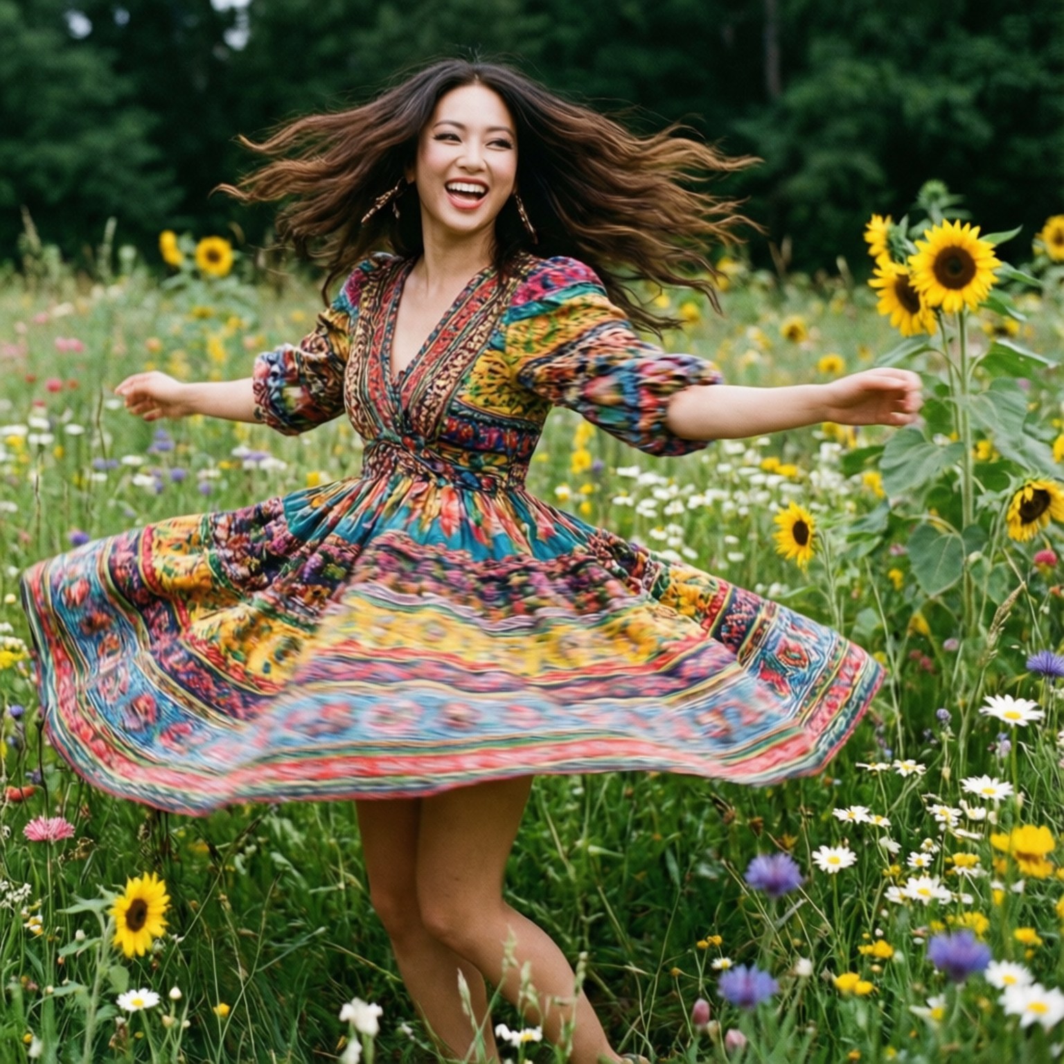 Wildflower Spin 壁紙 — 一位快樂的女人穿著鮮豔圖案的連衣裙，在向日葵和野花草地上旋轉，頭髮隨風飄揚。
