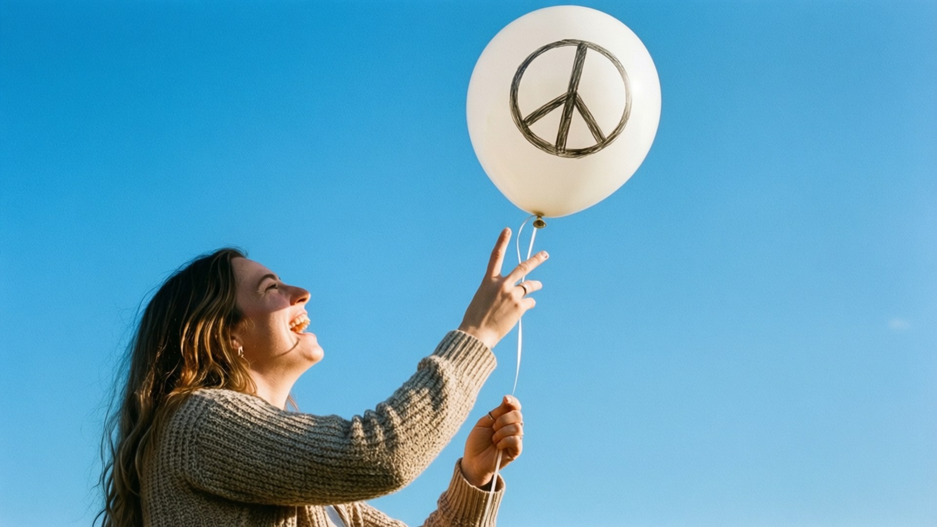 Release Peace Balloon 壁紙 — 一位快樂的女人穿著針織毛衣，在晴朗的藍天下笑著拿著一個帶有和平符號的白色氣球。