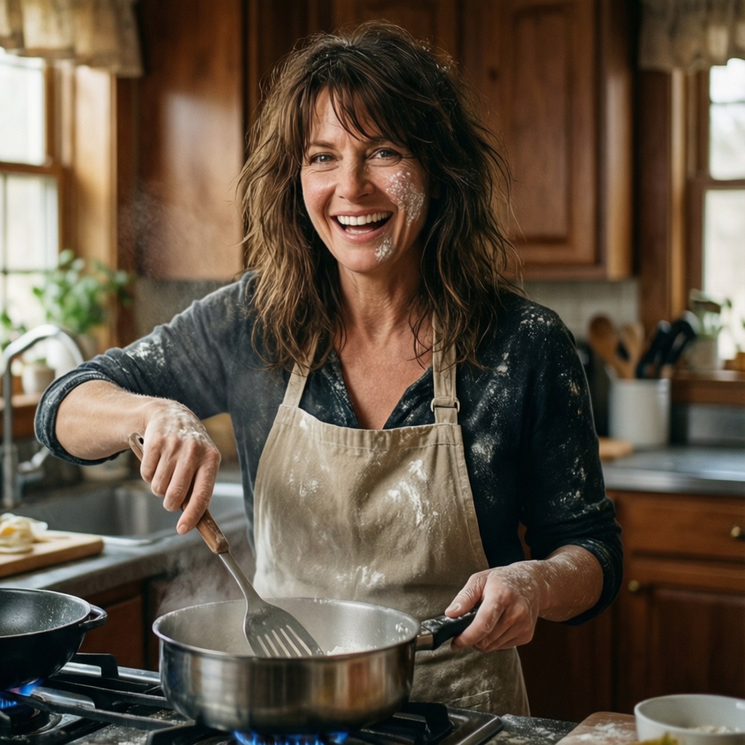 Home Cooking Joy 壁紙 — 一位快樂的女人臉上沾滿麵粉，在溫暖的木製廚房裡用瓦斯爐攪拌鍋子。