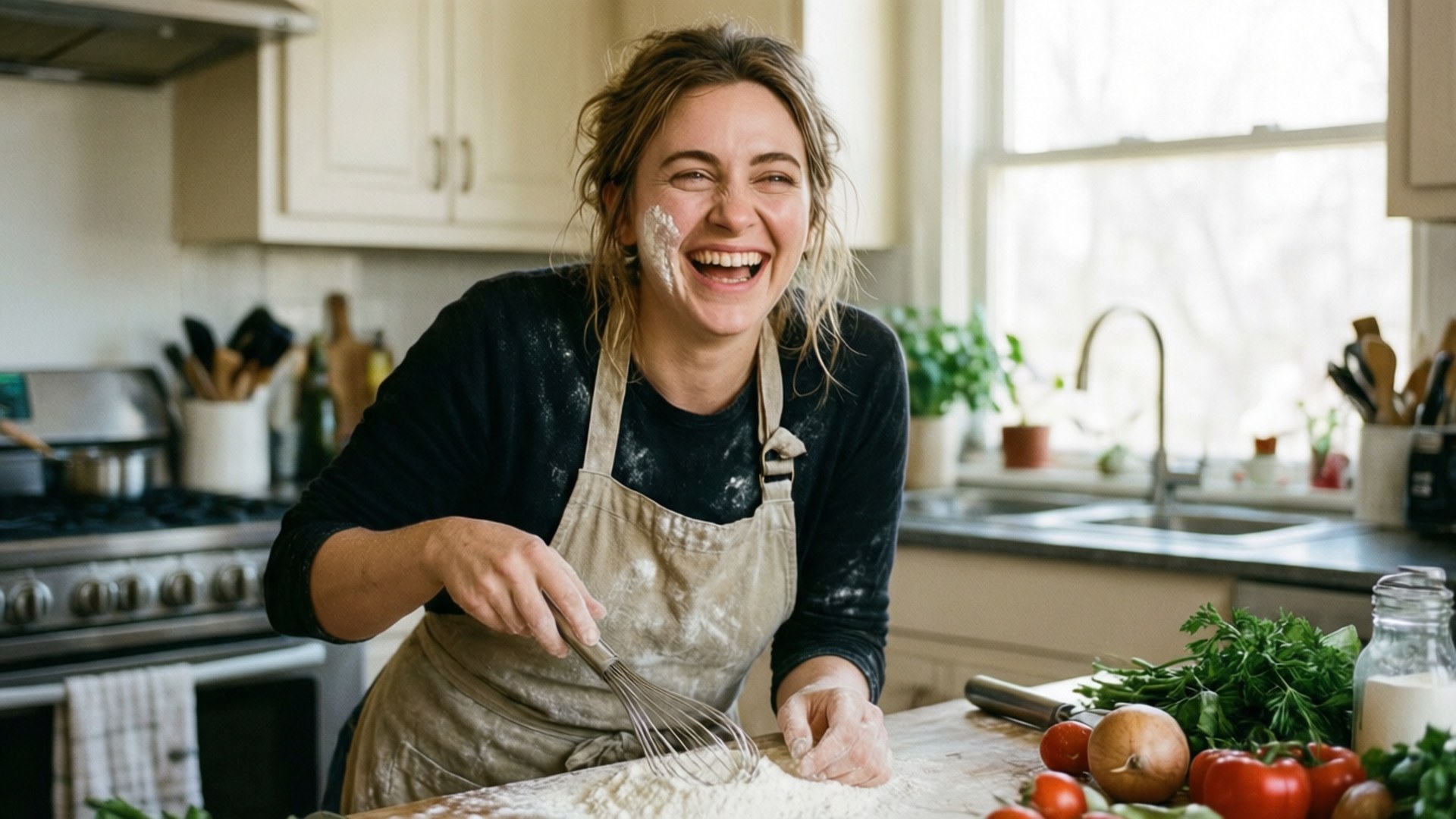 Baking Fun 壁紙 — 一位快樂的女人臉上沾滿麵粉，在陽光充足的廚房裡，周圍是新鮮蔬菜，笑著攪拌麵糊。