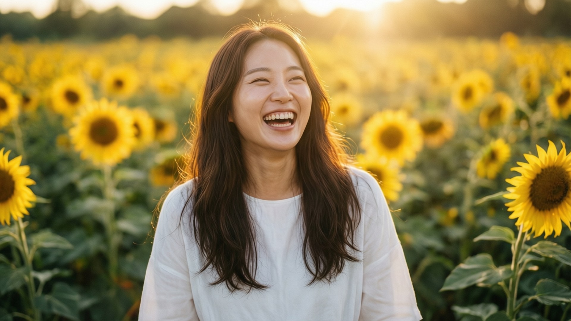 Sunlit Smile 壁紙 — 一位快樂的女人在金黃色的向日葵田裡，沐浴在溫暖的夕陽光中，開懷大笑。