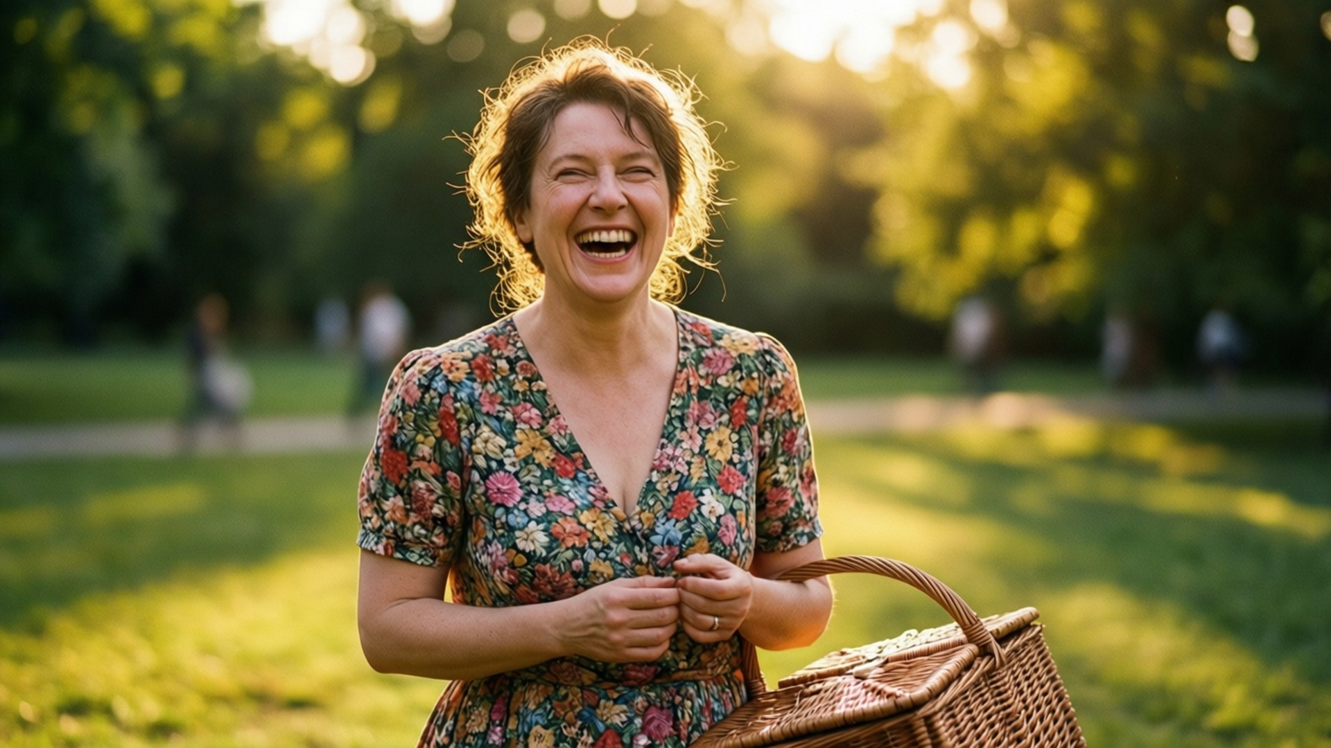 olivia colman 桌布 壁紙 — 一位快樂的女人在陽光明媚的公園裡，拿著柳條野餐籃，開懷大笑。