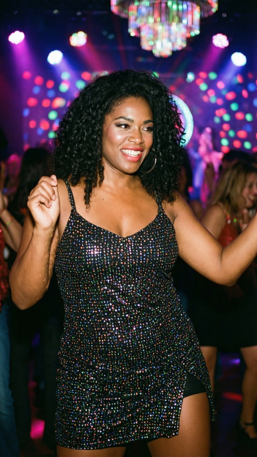 Shuri Disco Vibe 壁紙 — 一位快樂的女性穿著閃亮的黑色連衣裙，在色彩繽紛的迪斯科燈光下於熱鬧的夜總會跳舞。