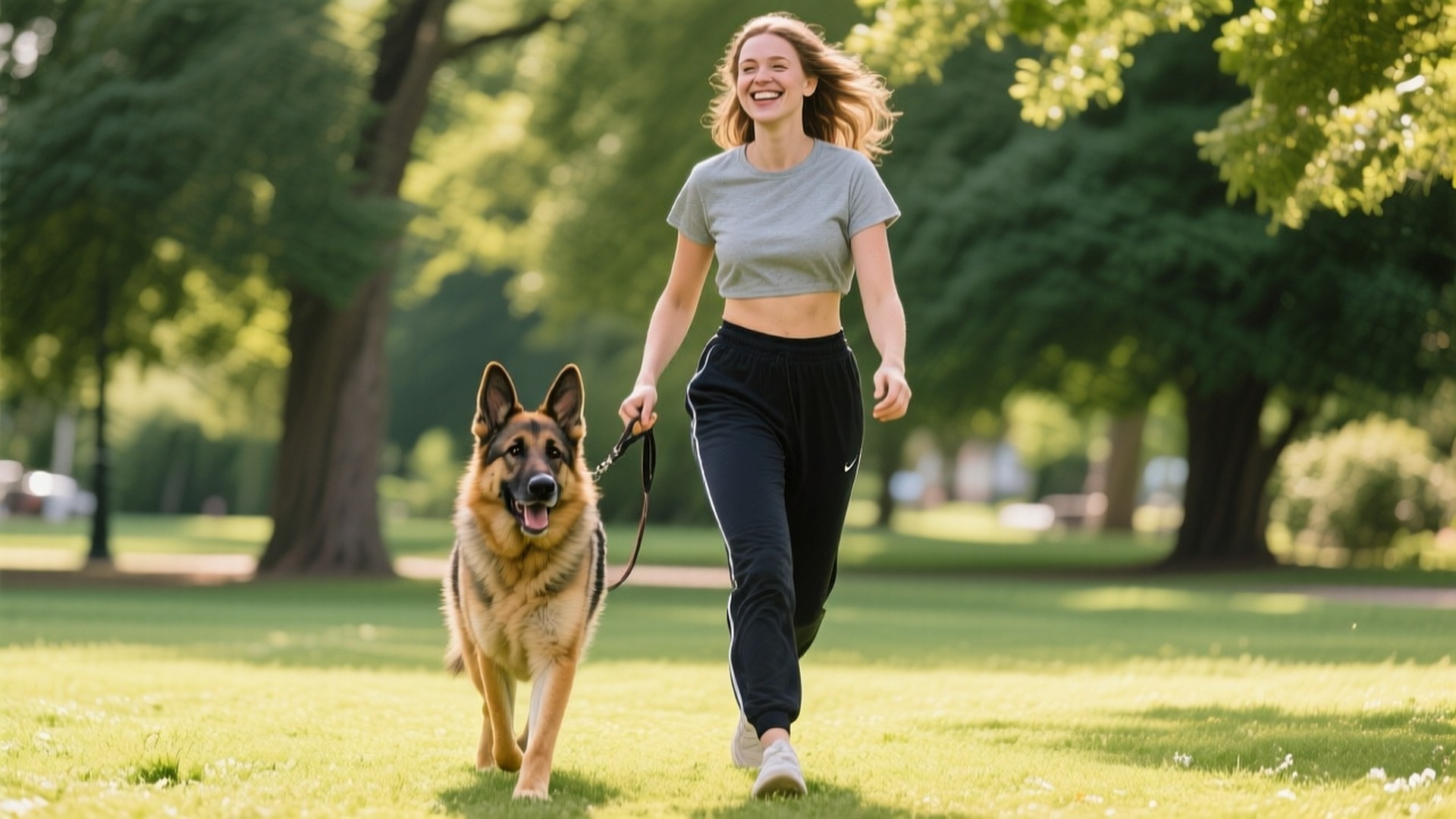 Dog Walk in the Park 壁紙 — 一位快樂的女性穿著運動服，在陽光明媚的公園裡牽著她的德國牧羊犬跑步。