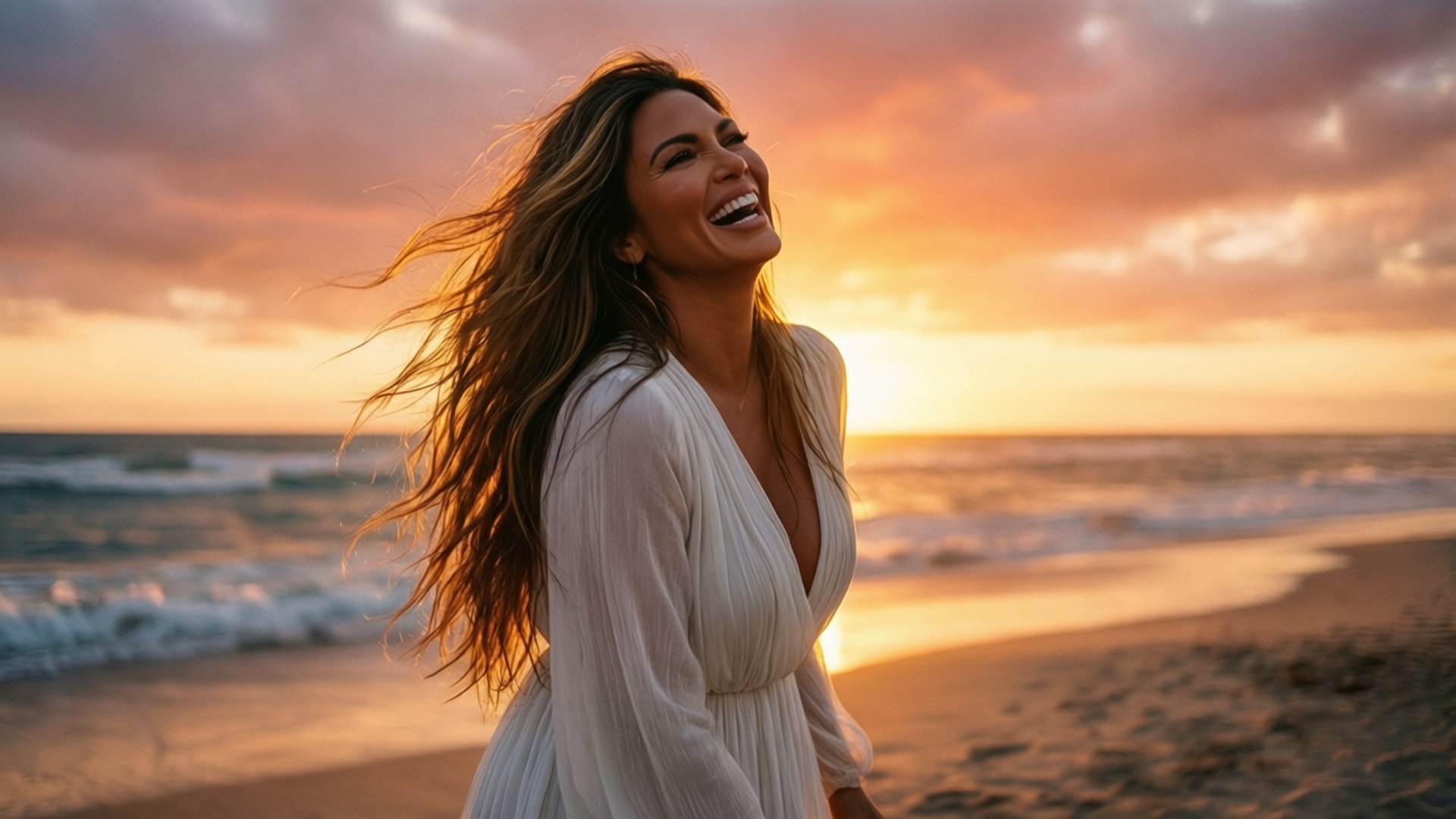 chrissy teigen 桌布 壁紙 — 一位快樂的女性在海洋上充滿活力的日落背景下，風吹動頭髮，開懷大笑。