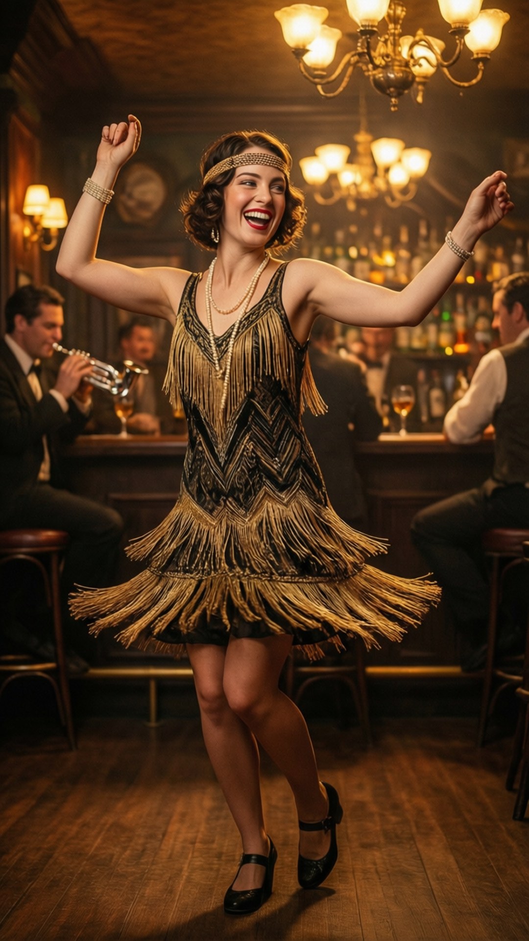 Rebekah's Jazz Age 壁紙 — 一位快樂的女子身穿金色流蘇飛女裙，在溫暖吊燈照亮的復古地下酒吧中盡情跳舞。