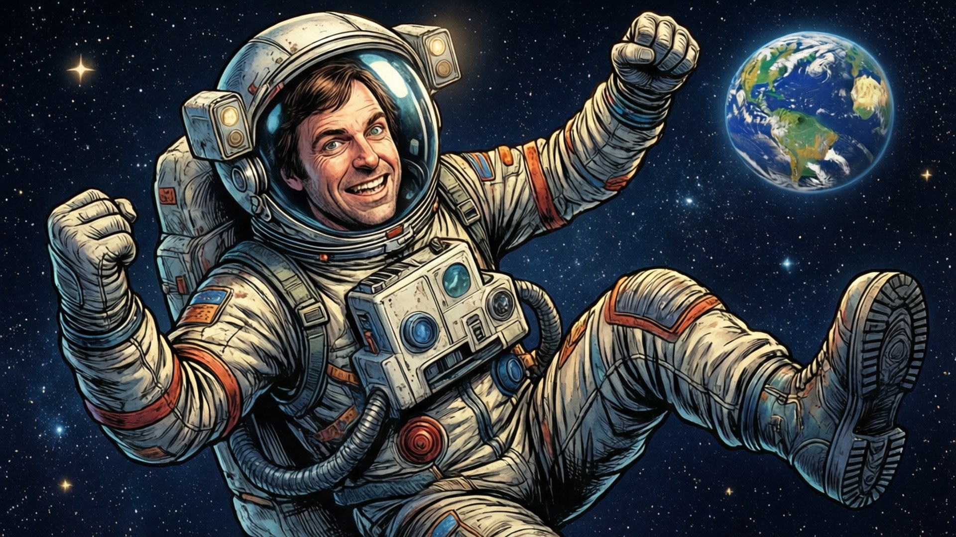 大爆炸理論 桌布 壁紙 — 一位快樂的太空人在星空宇宙背景下，在發光的地球旁邊舉起拳頭漂浮。