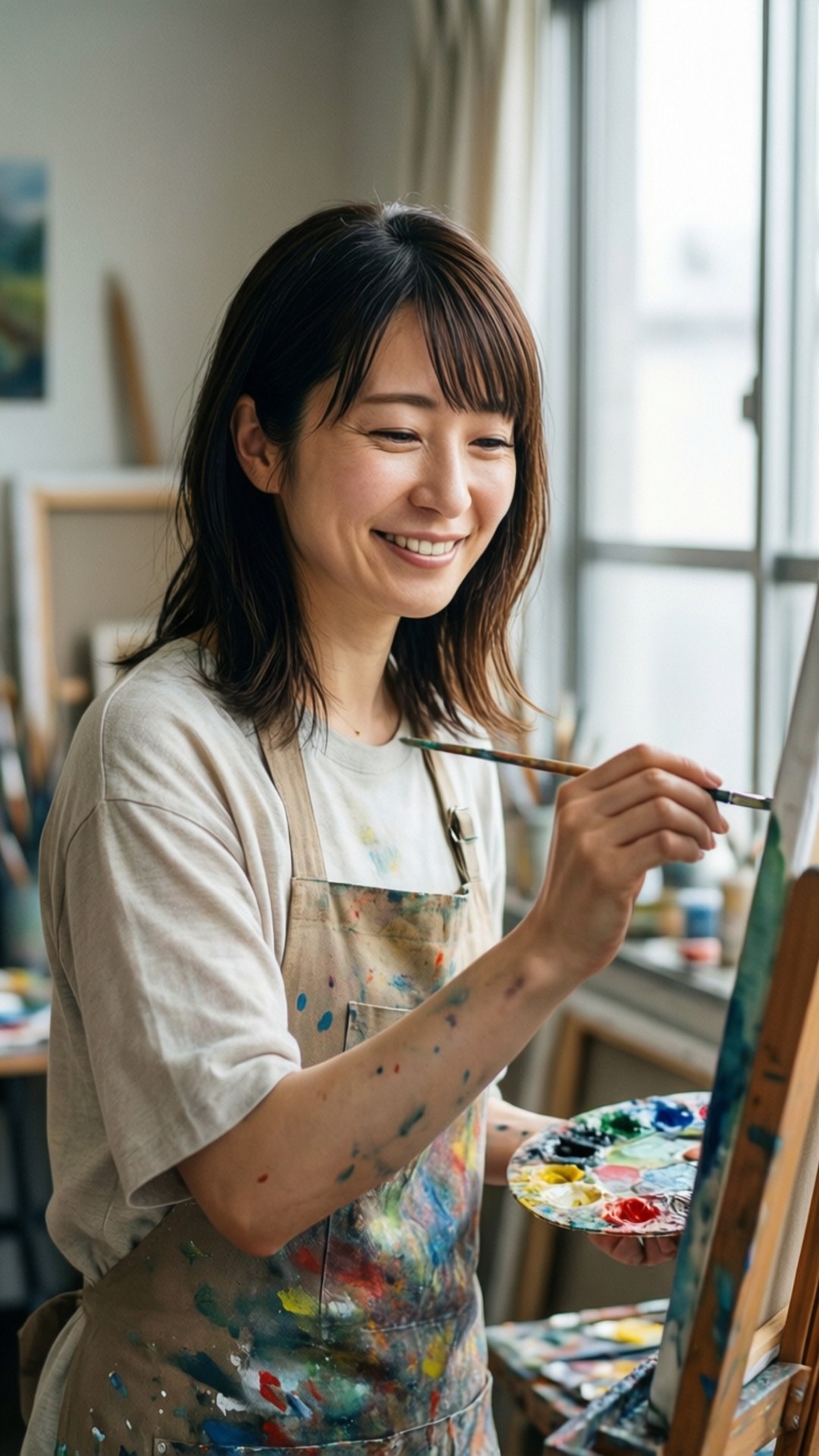 特別的 桌布 壁紙 — 一位快樂的藝術家在陽光充足的畫室裡，穿著沾滿油漆的圍裙，在畫架上微笑作畫。