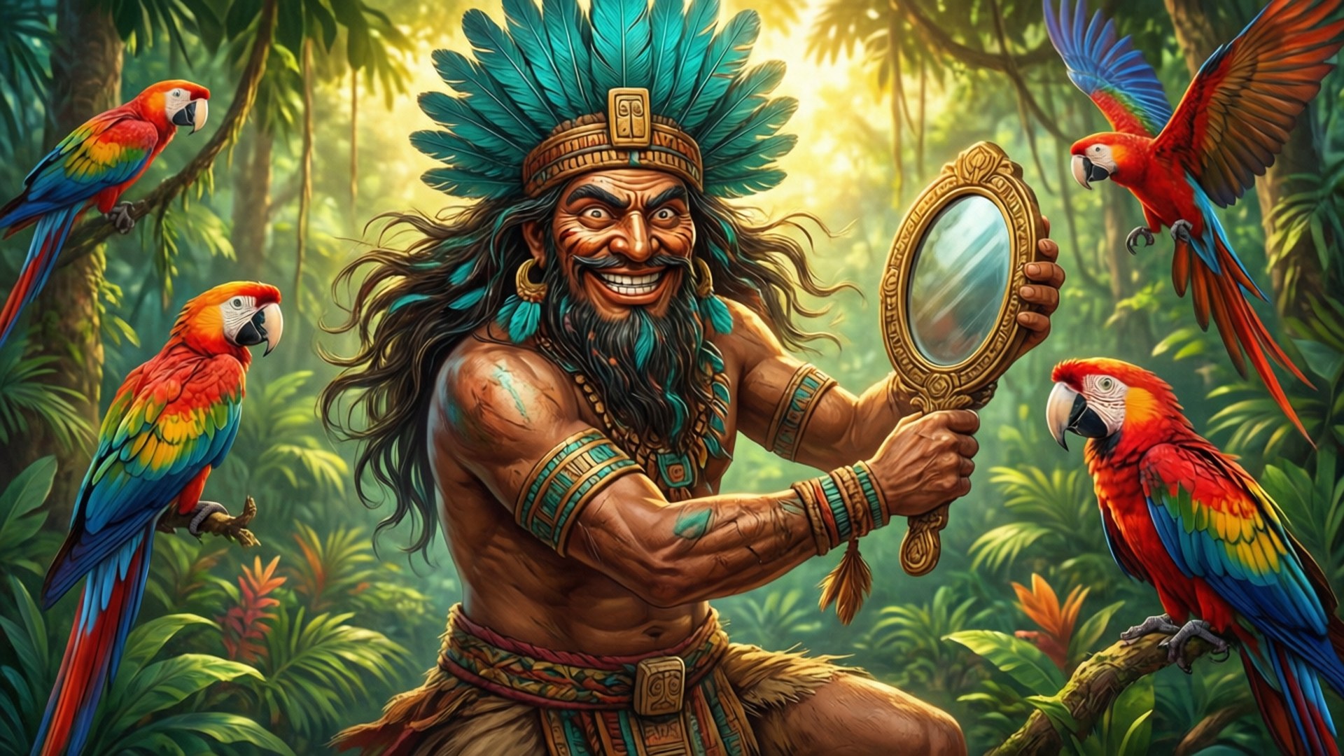 Tezcatlipoca 桌布 壁紙 — 一位快樂的原住民男子戴著羽毛頭飾，在茂密的叢林中手持鏡子，周圍環繞著色彩繽紛的金剛鸚鵡。