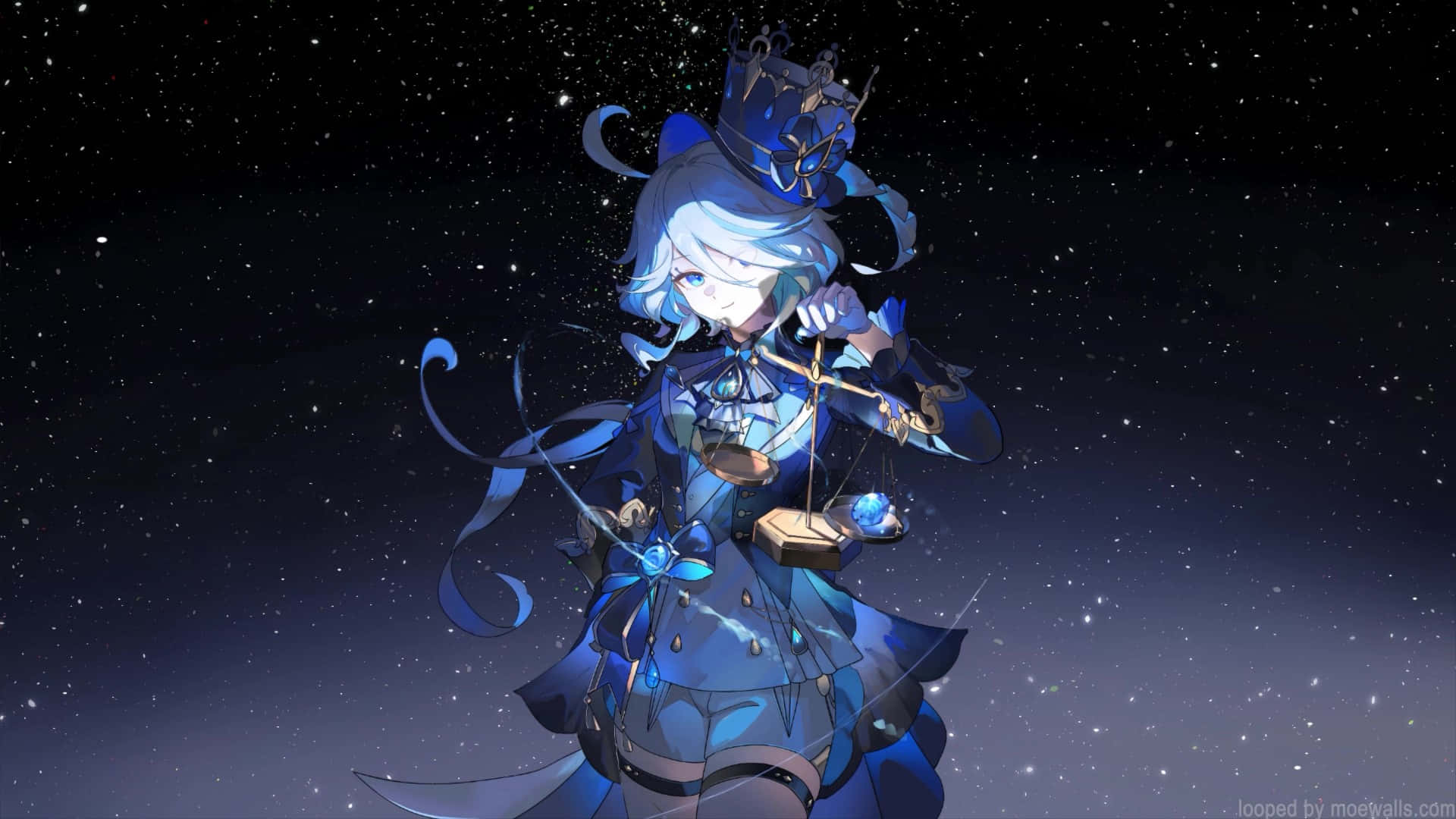  壁紙 — 一位藍髮動漫女孩戴著皇冠、身穿藍色長袍，在繁星點點的夜空下手持天秤。