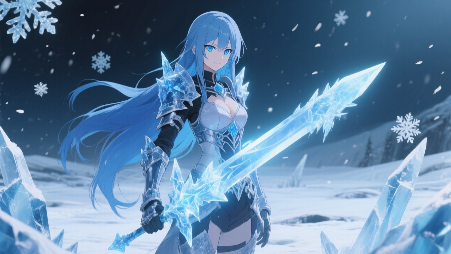 Esdeath's Frozen Domain 壁紙 — 一位藍髮動漫戰士身穿冰霜鎧甲，在飄落的雪花和鋸齒狀冰層中揮舞著發光的晶體劍。