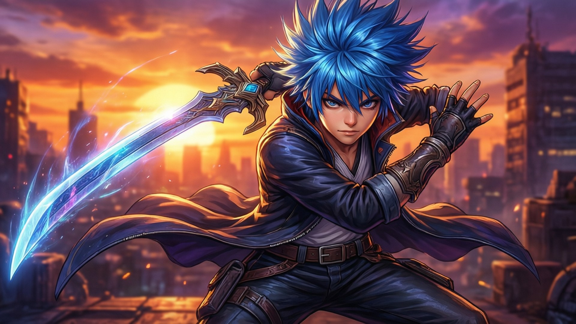 YuzuSoft 桌布 壁紙 — 一位藍髮動漫戰士在未來城市天際線的熾熱日落中揮舞著發光的劍。
