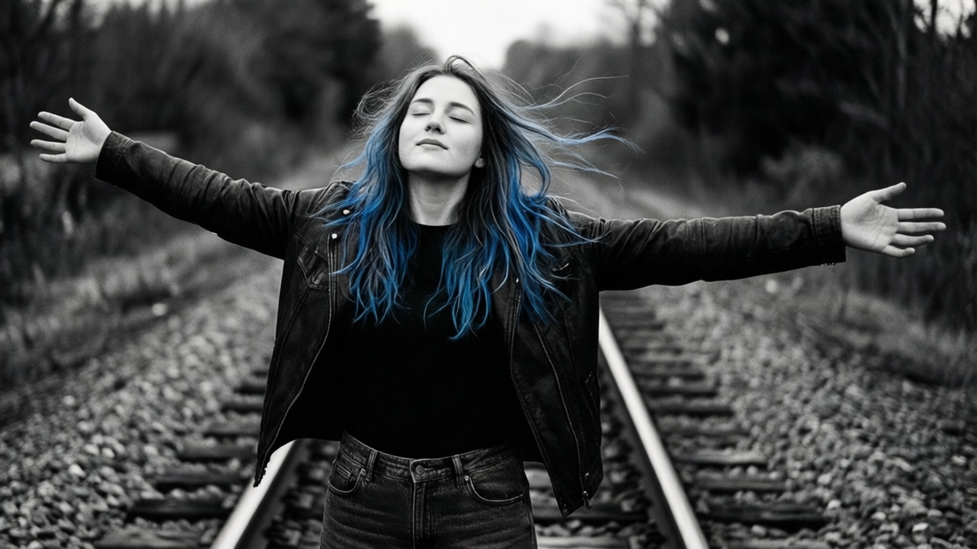 Freedom on Tracks 壁紙 — 一位藍髮女性在鐵軌上張開雙臂站立，閉上眼睛，風吹動她的頭髮，黑白畫面。