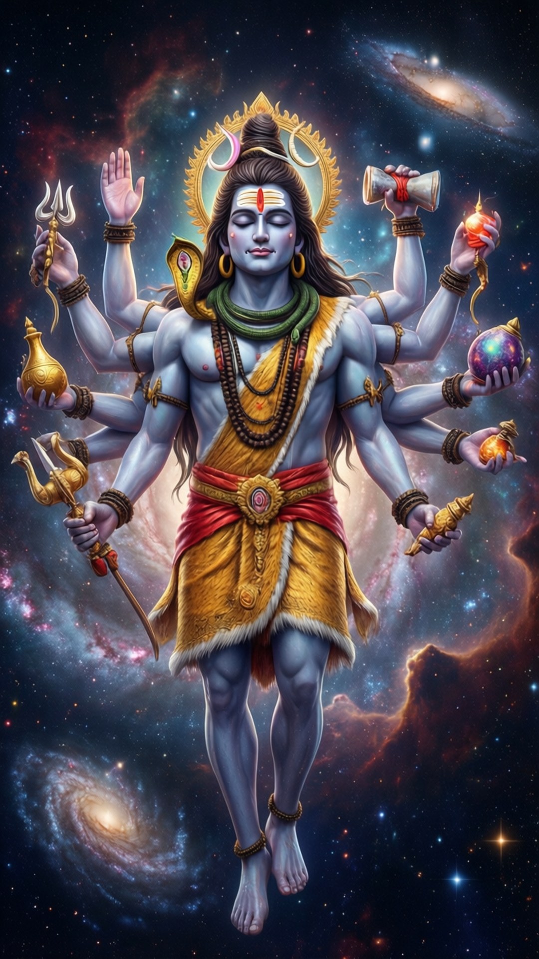 Cosmic Mahadev 壁紙 — 一位藍皮膚的多臂印度教神祇在漩渦星系和恆星的宇宙背景下寧靜地漂浮。