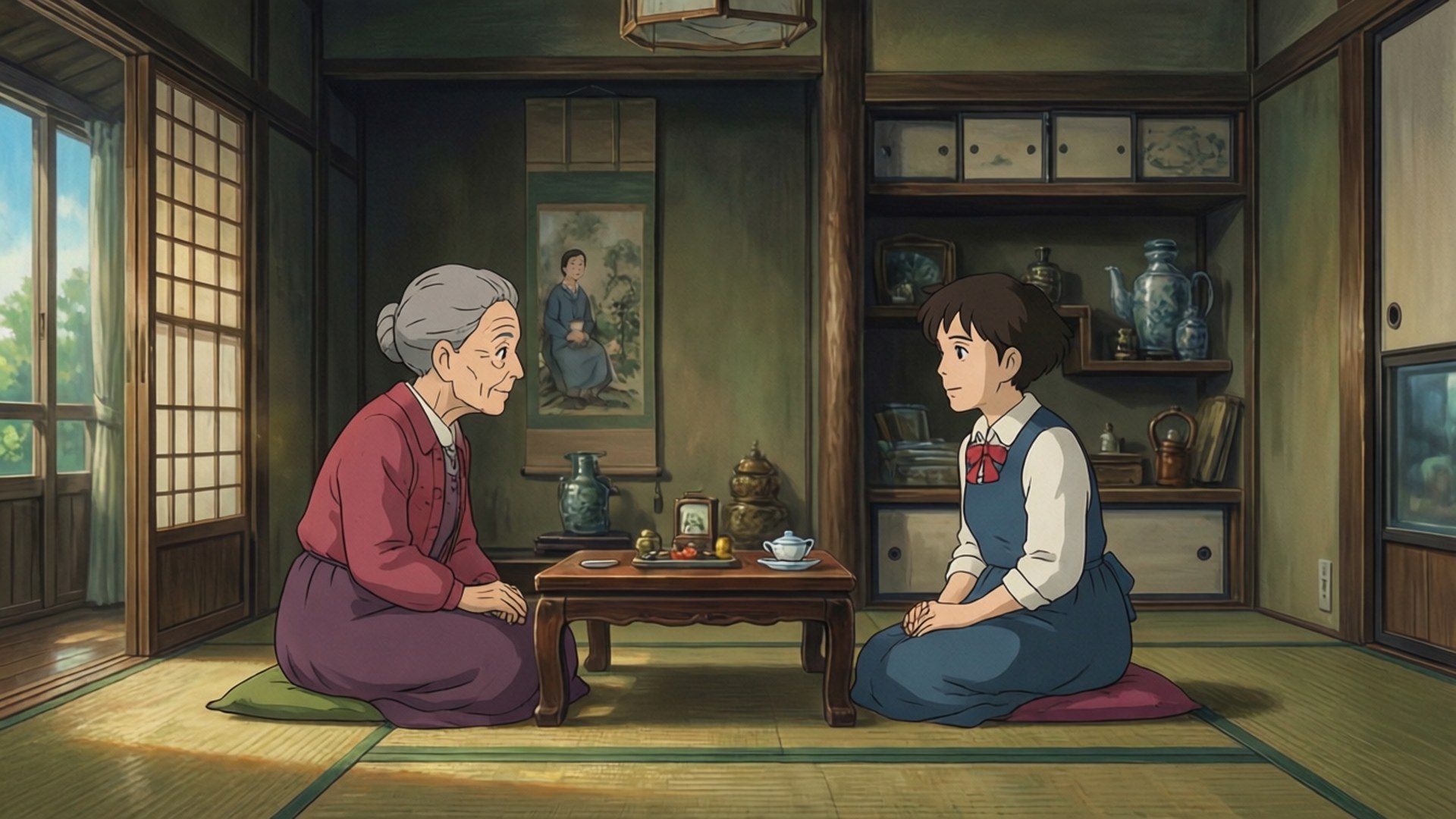 Grandmother's Story 壁紙 — 一位老婦人和一個年輕女孩在傳統日式房間的榻榻米上相對而坐，分享茶。