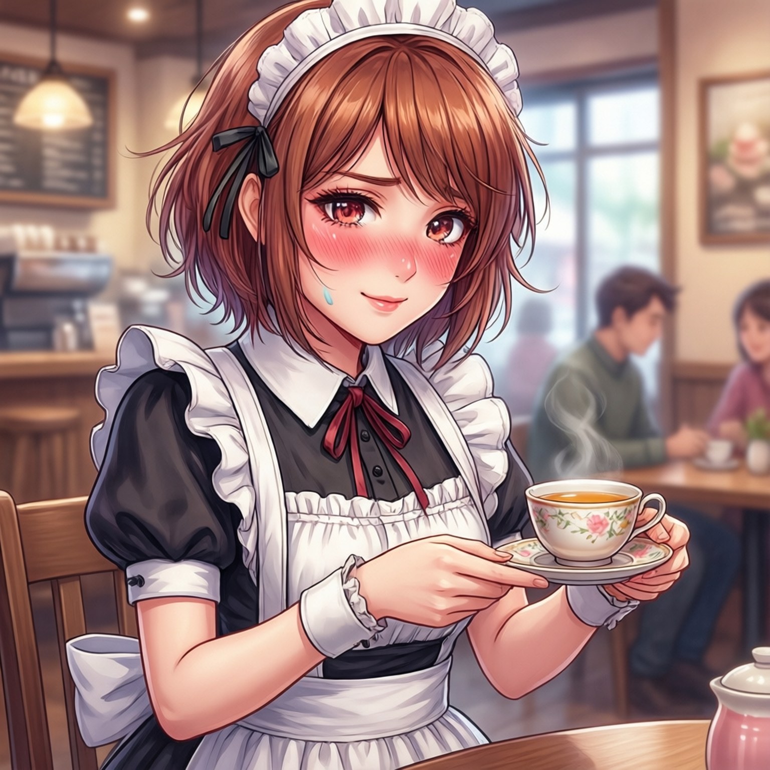 Sumi Maid Cafe 壁紙 — 一位臉頰紅潤的開朗動漫女僕在舒適的咖啡館裡用花卉杯子奉上熱騰騰的茶。