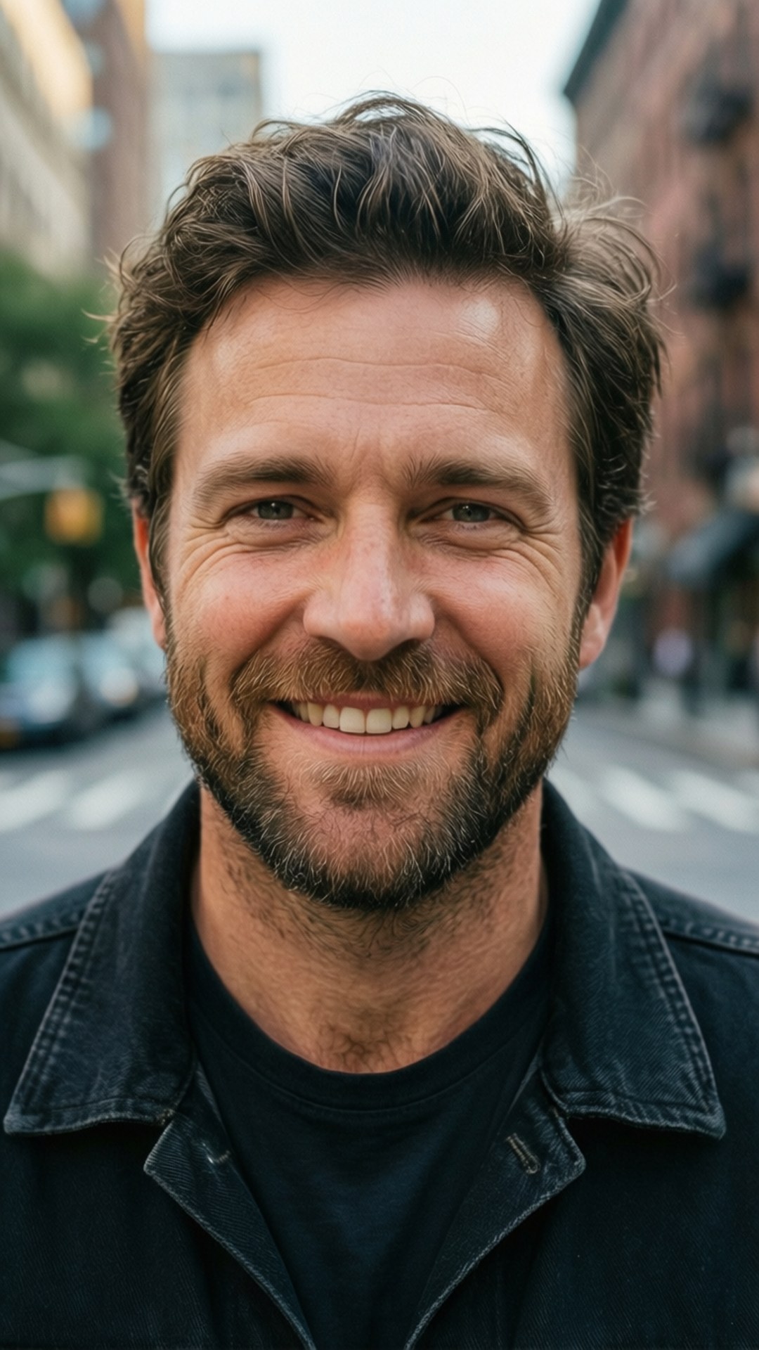 Casual Shore Smile 壁紙 — 一位留鬍鬚的開朗男士在繁忙的城市街道上對著鏡頭溫暖地微笑。