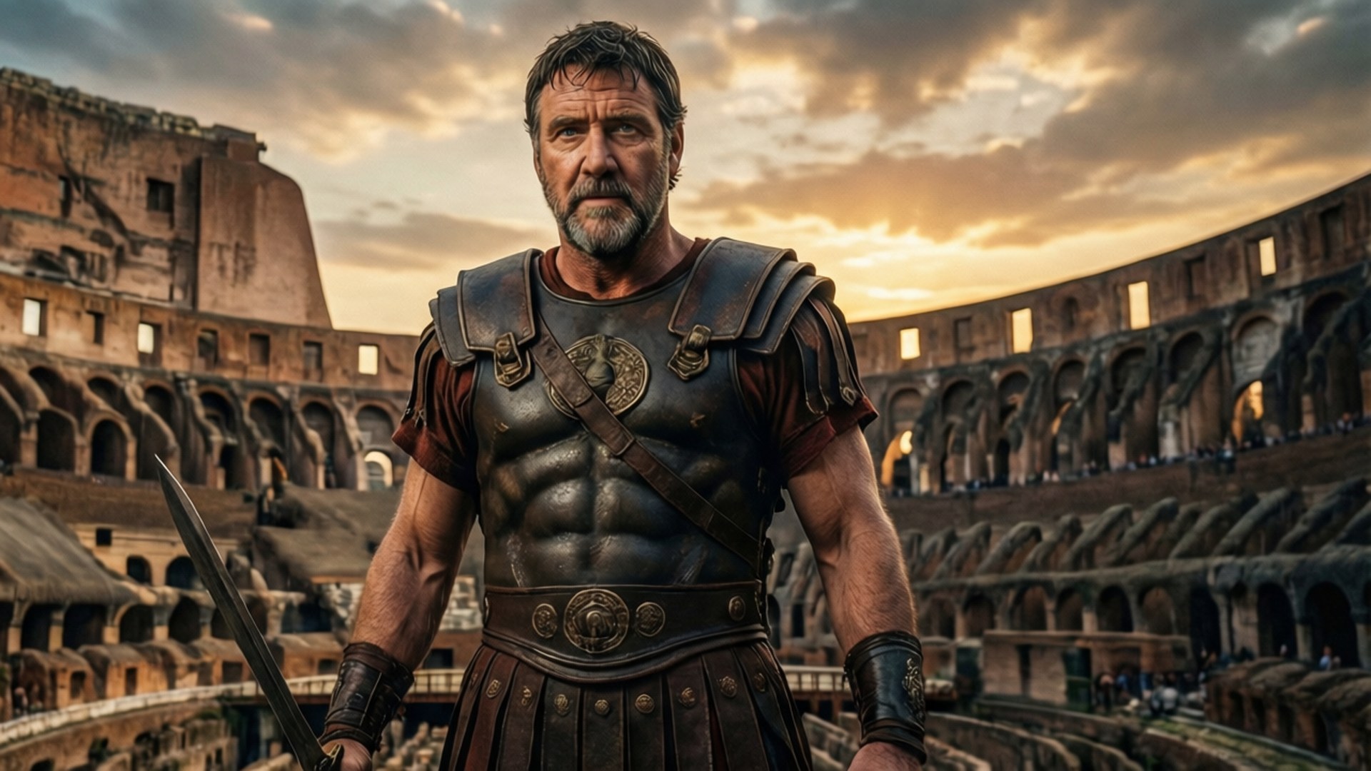 Gladiator's Last Stand 壁紙 — 一位留鬍鬚的羅馬角鬥士身穿精細盔甲，自信地站在宏偉、陽光普照的羅馬競技場內，手持一把劍。