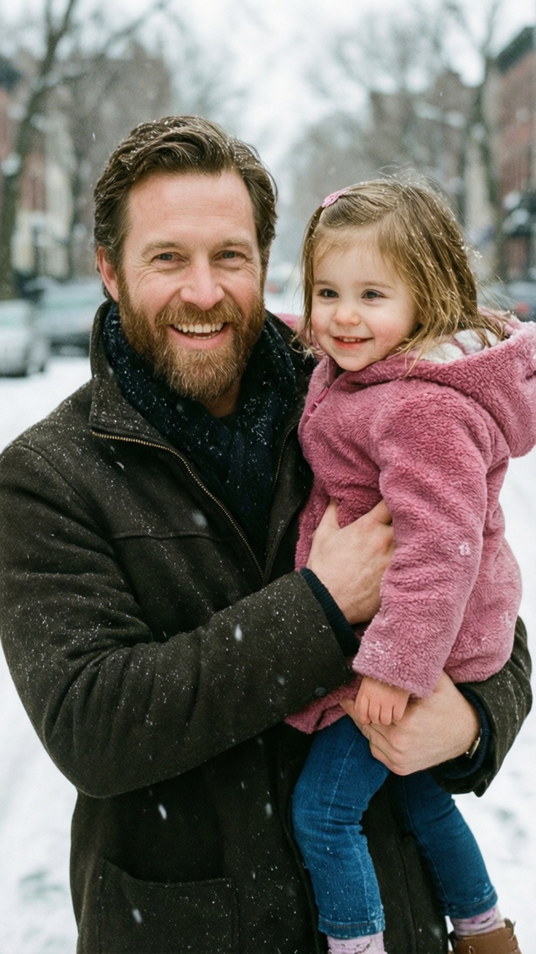 Max and Luna in Snow 壁紙 — 一位留鬍鬚的男人穿著深色外套，抱著一個穿著粉紅色刷毛外套、微笑的小女孩，雪花輕輕飄落在他們周圍的冬日街道上。