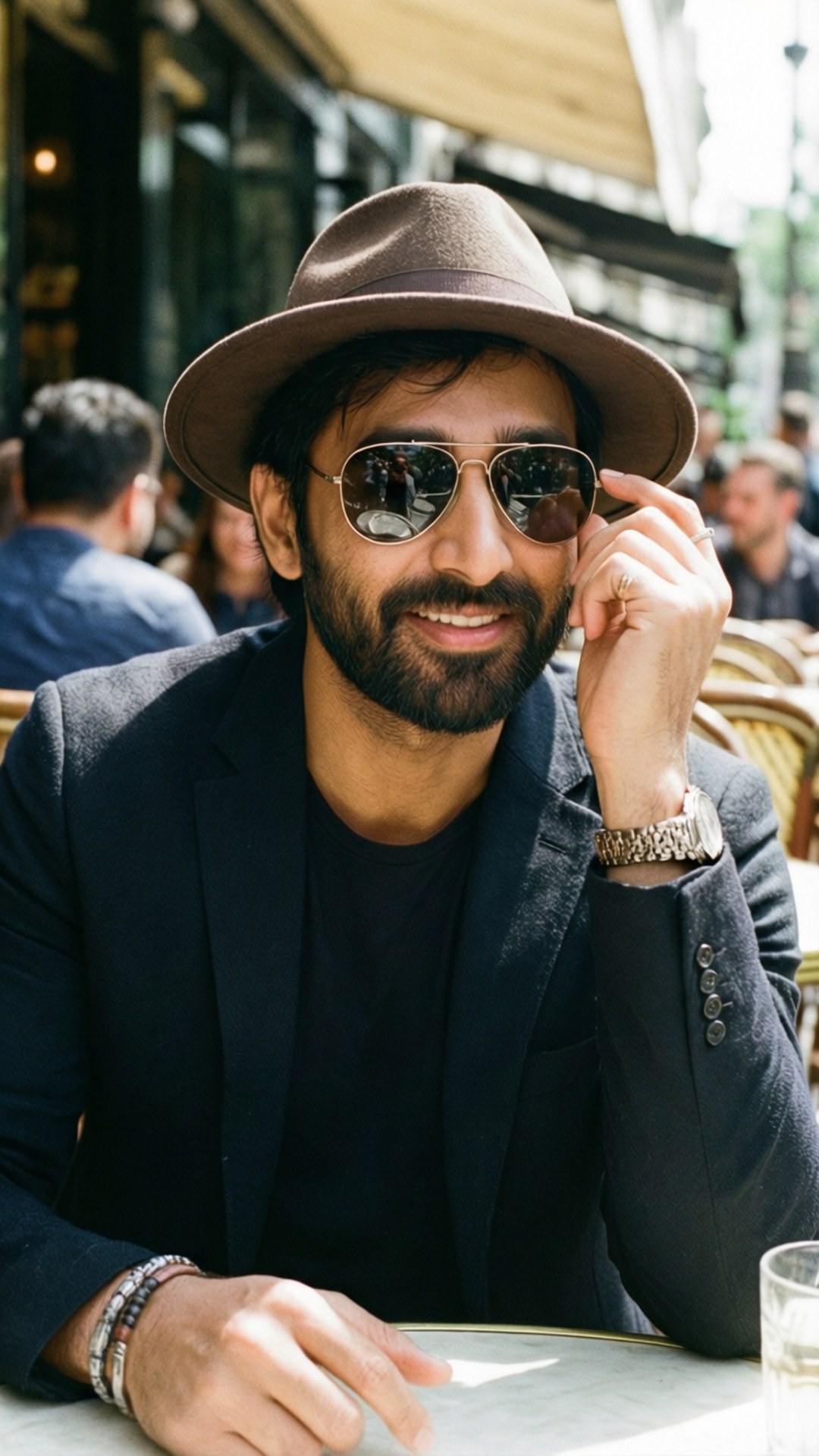 Arjun Kapoor 桌布 壁紙 — 一位留鬍子、戴紳士帽的時尚男士在戶外咖啡廳微笑著調整他的飛行員太陽眼鏡。
