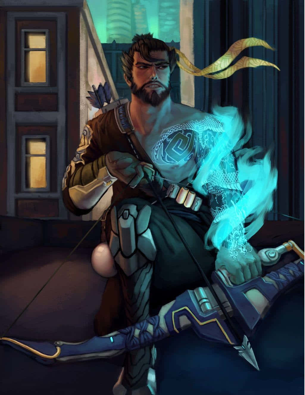 Overwatch Hanzo 桌布 壁紙 — 一位留鬍子的弓箭手，身上有發光的藍色刺青，在夜晚昏暗的城市小巷中拉開一把未來風格的弓。