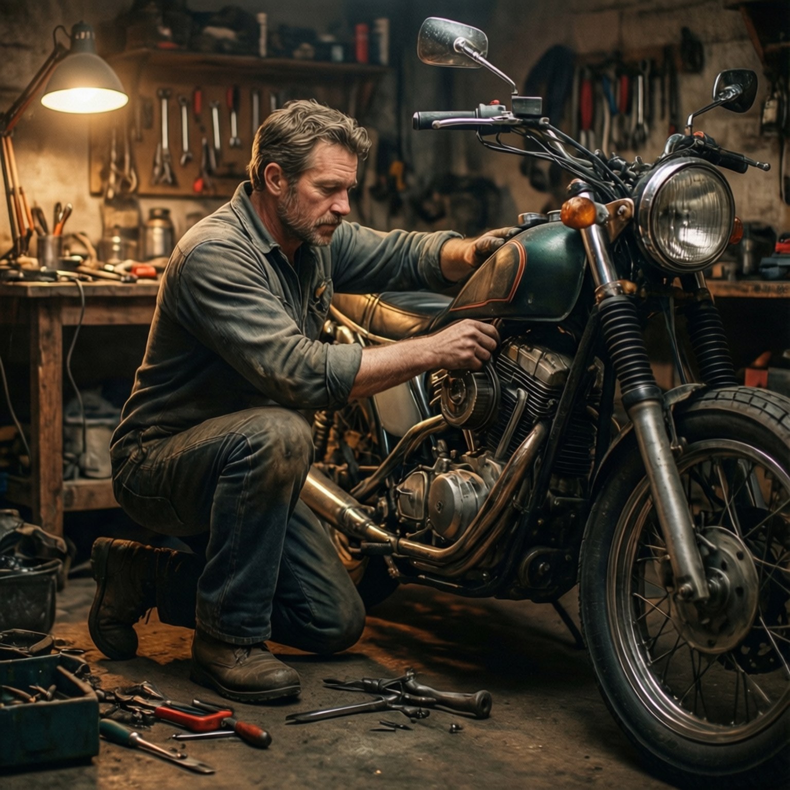 Garage Repairs 壁紙 — 一位留鬍子的機械師跪在雜亂的車庫裡，在溫暖的工作燈下修理一輛復古綠色摩托車。